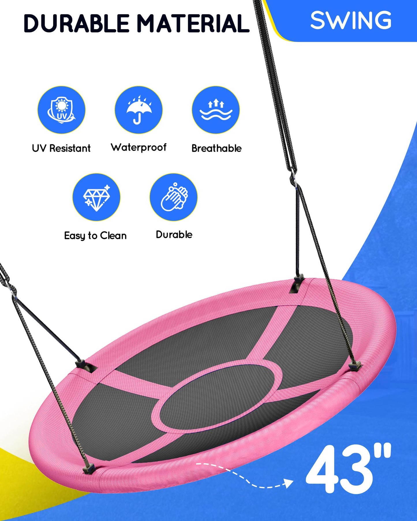 Everyfun 43" Saucer Swing for Kids & Adults – 700lbs Capacity, Pink