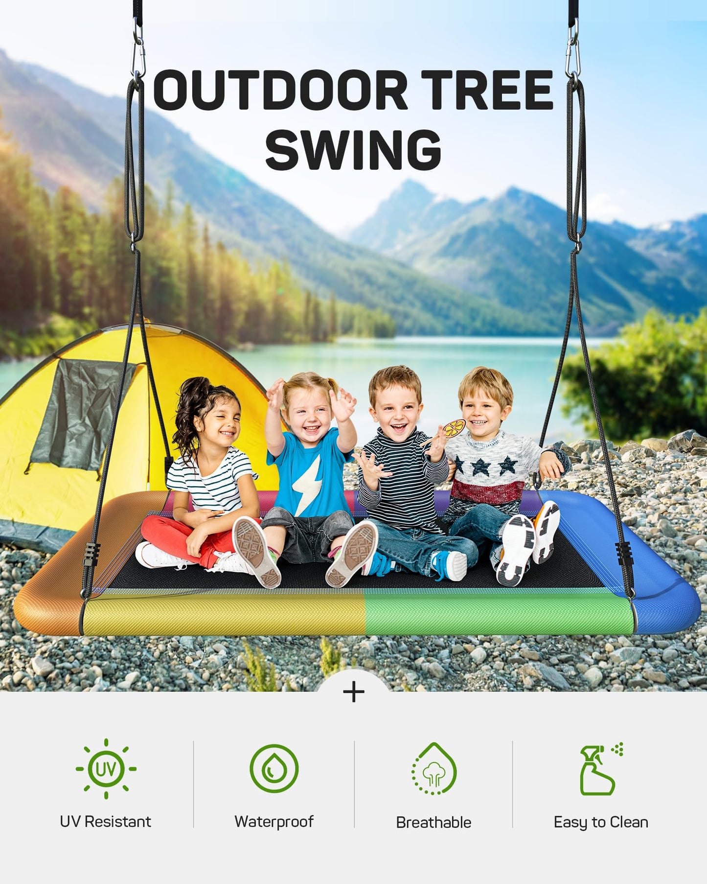 Everyfun Tree Swing for Kids and Adults — 60-Inch Rectangle, Waterproof, Heavy-Duty, 700 lbs, Colorful
