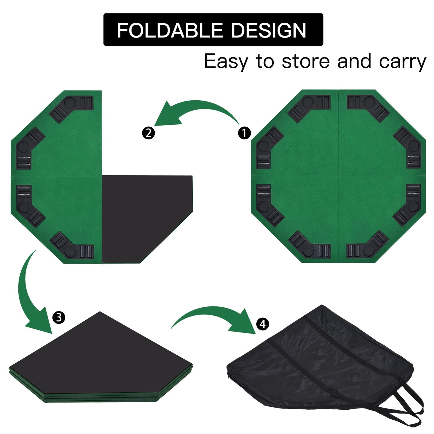 EVIEUN 48-Inch 8-Player Folding Poker Table Top – Portable Casino-Style Layout with Carry Bag