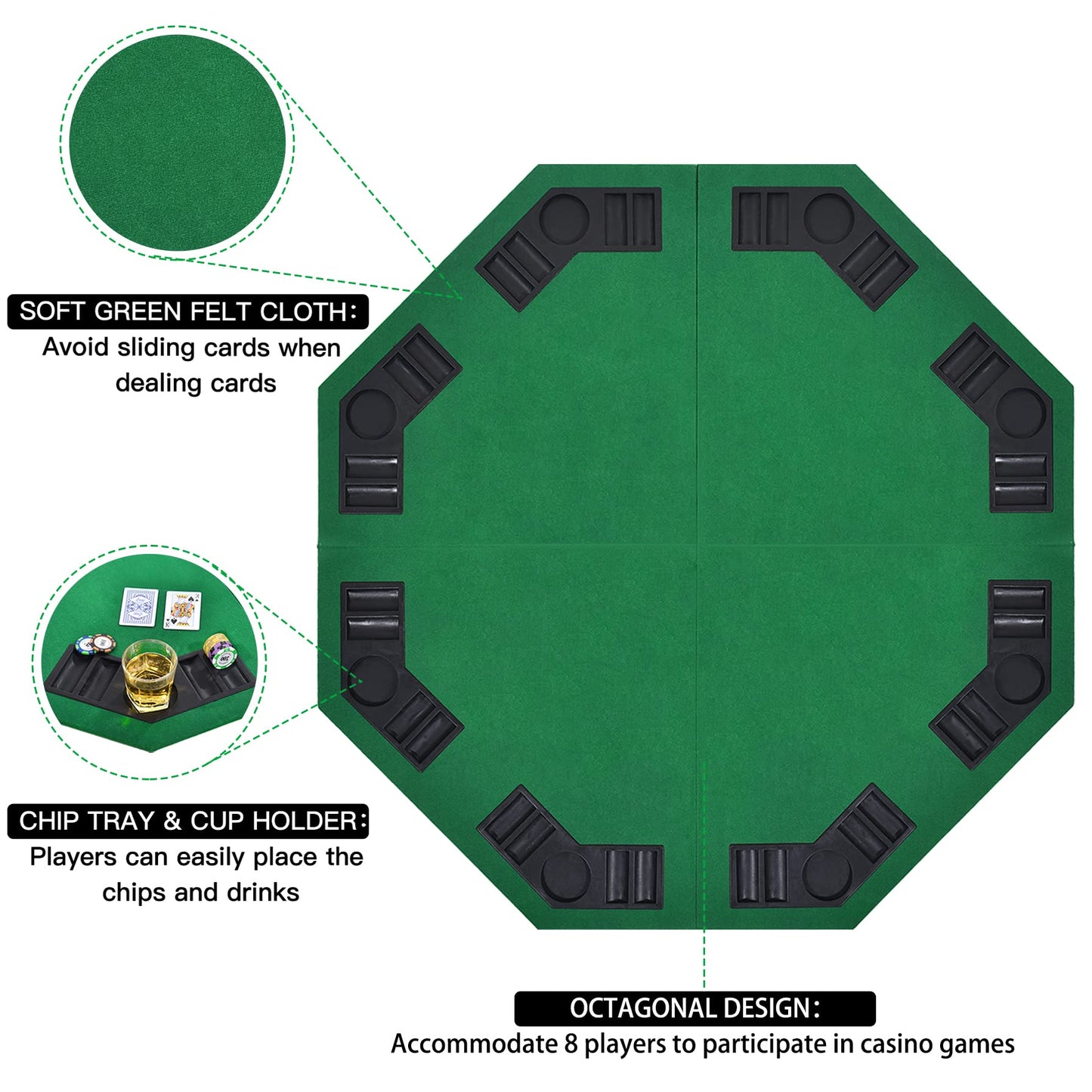 EVIEUN 48-Inch 8-Player Folding Poker Table Top – Portable Casino-Style Layout with Carry Bag