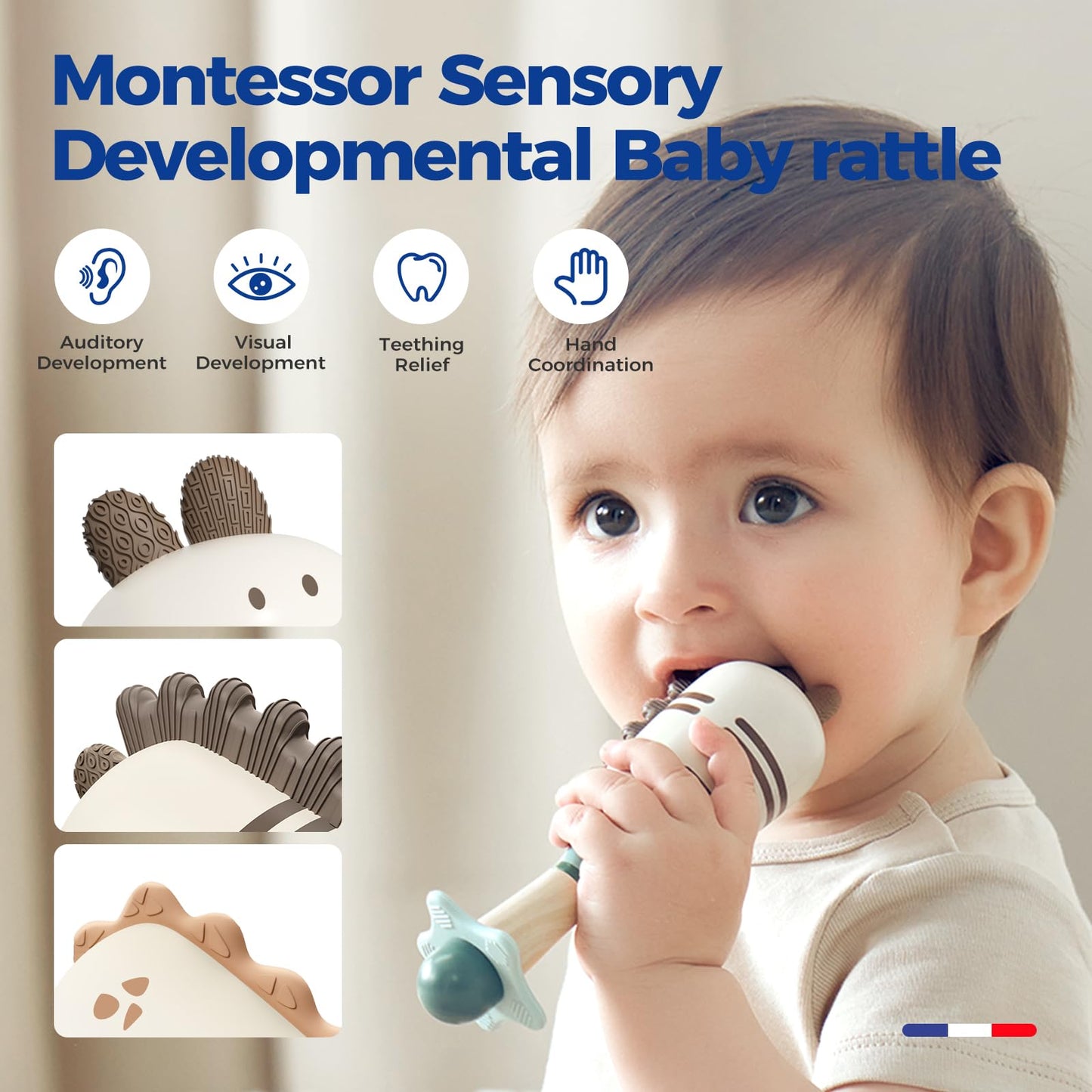 Evoceler Baby Rattles - 2-Pack Dinosaur Shaker Toys with Teether (BPA Free Silicone, 0+ Months)