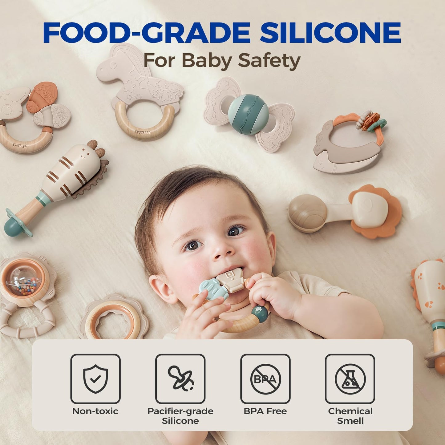 Evoceler Softness Staged Baby Teethers & Rattles — 3-Stage Silicone Teethers for 0-18+ Months, BPA Free (10-Piece Set)