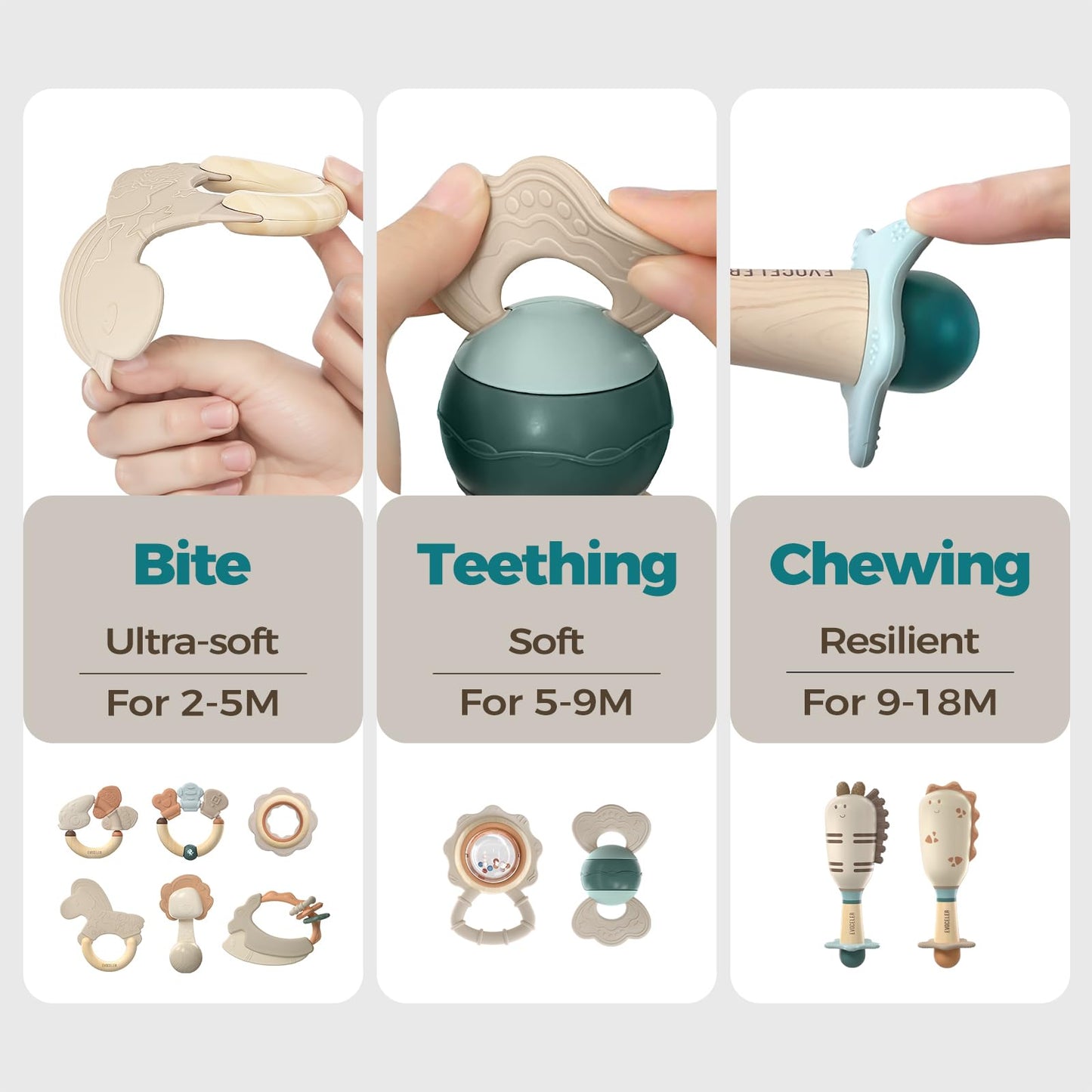 Evoceler Softness Staged Baby Teethers & Rattles — 3-Stage Silicone Teethers for 0-18+ Months, BPA Free (10-Piece Set)
