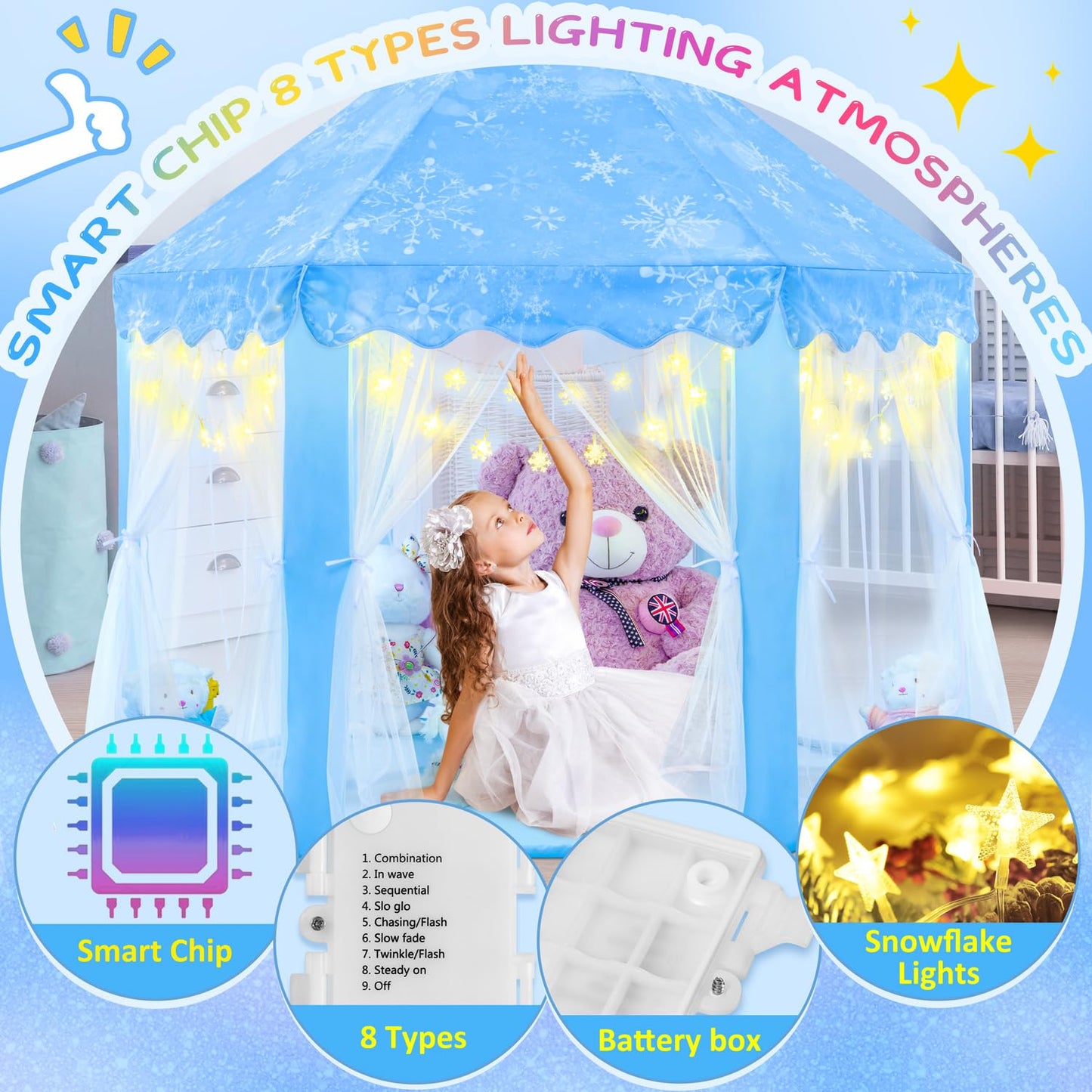 EVOIONOS Frozen Princess Tent for Girls – 55 x 53 in Castle Playhouse with Snowflake Lights