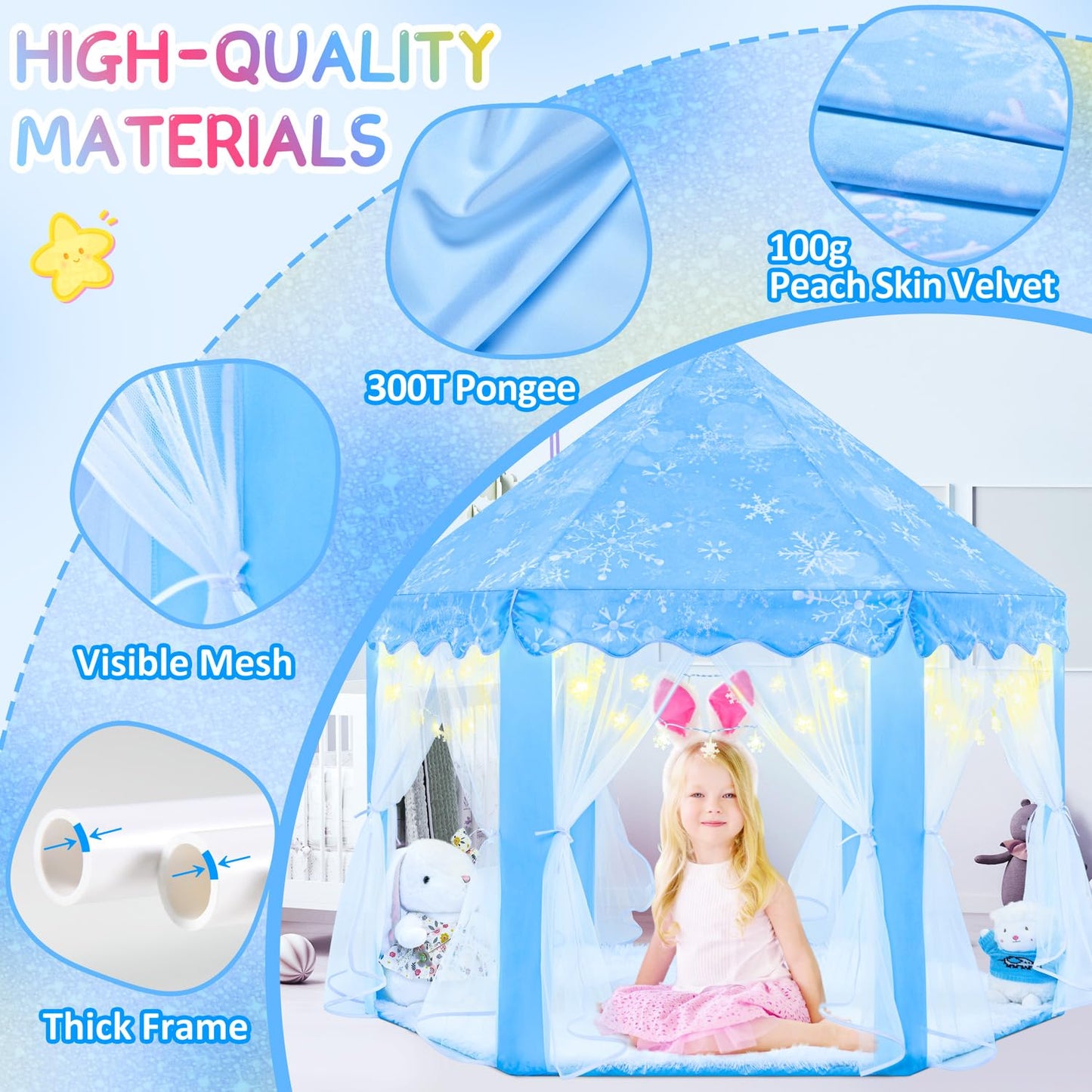 EVOIONOS Frozen Princess Tent for Girls – 55 x 53 in Castle Playhouse with Snowflake Lights