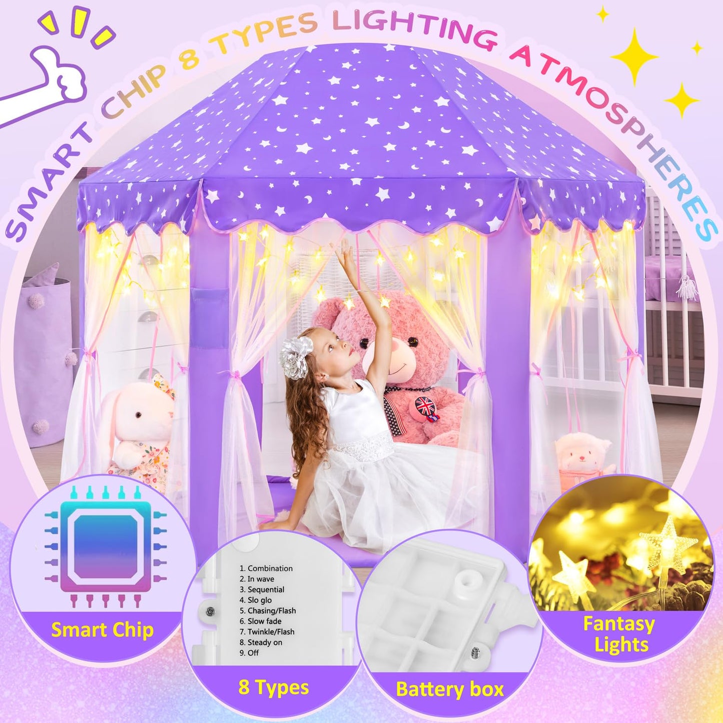 EVOIONOS Purple Princess Tent for Girls | Indoor Castle Play Tent with Star Lights