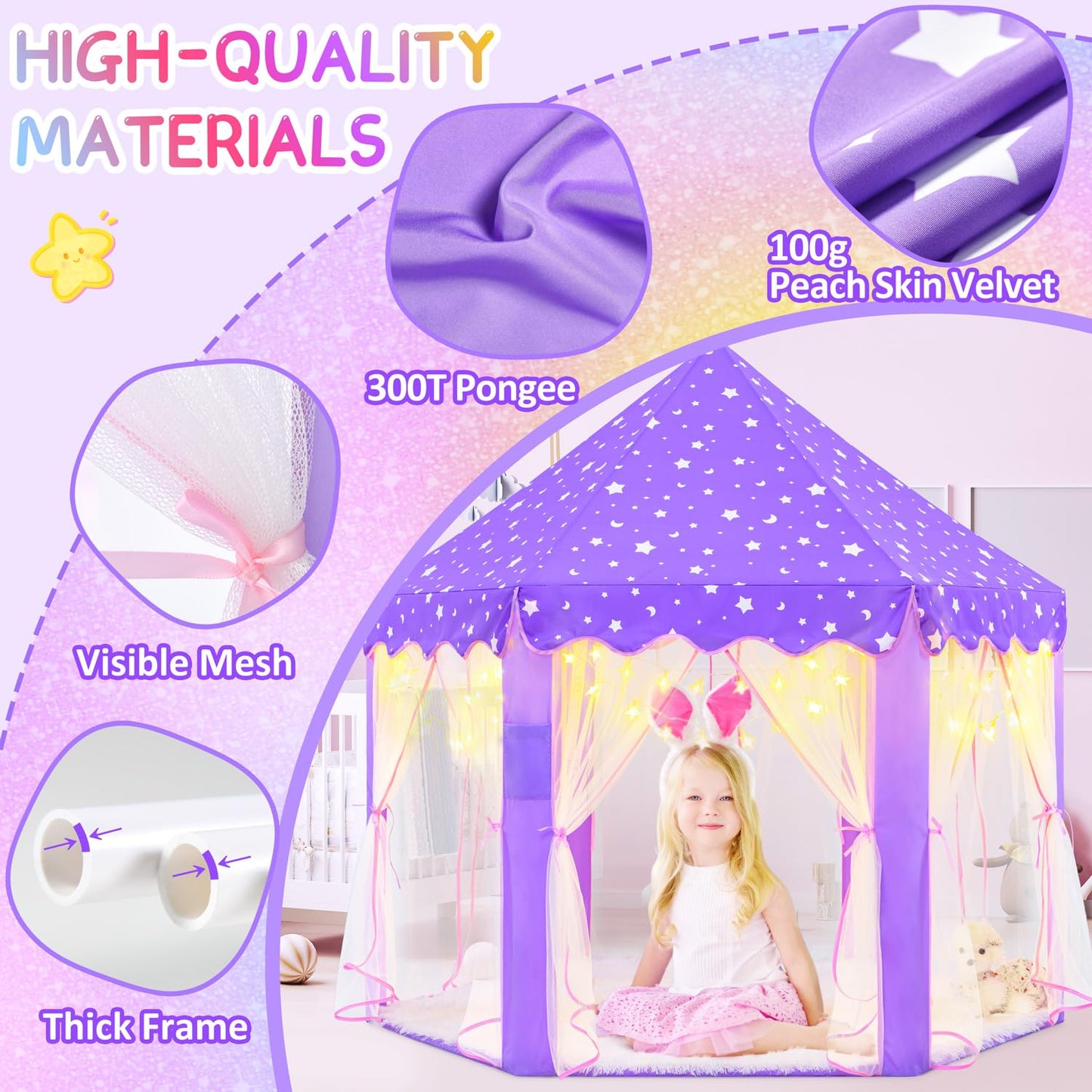 EVOIONOS Purple Princess Tent for Girls | Indoor Castle Play Tent with Star Lights