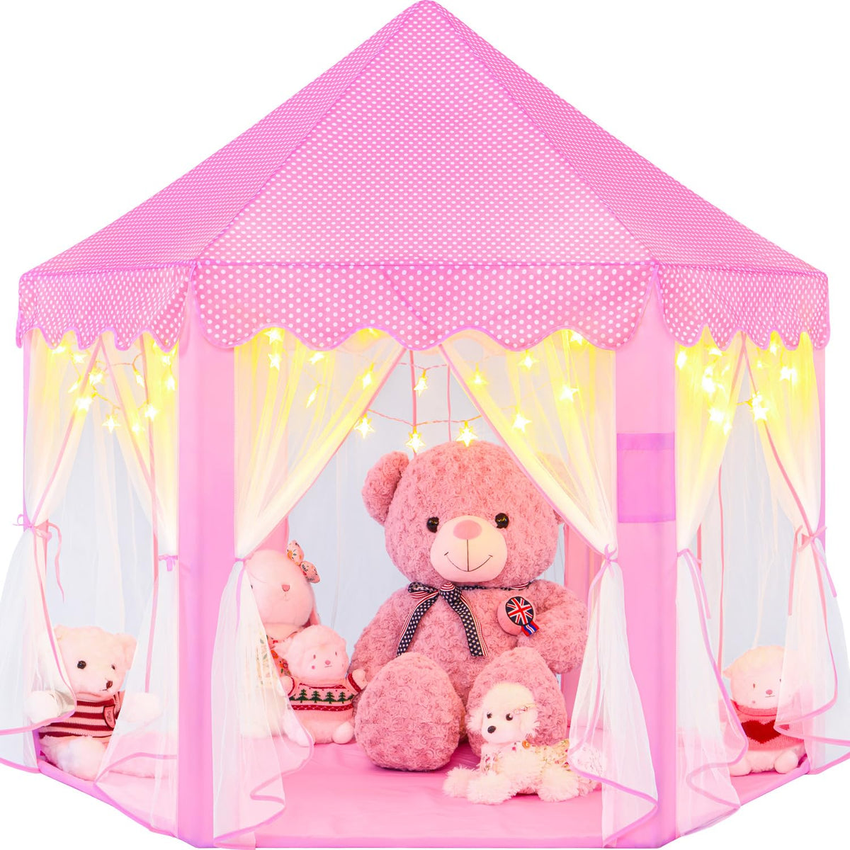 EVOIONOS Princess Tent for Girls – Castle Playhouse with LED Star Lights, 55x53 in, Pink