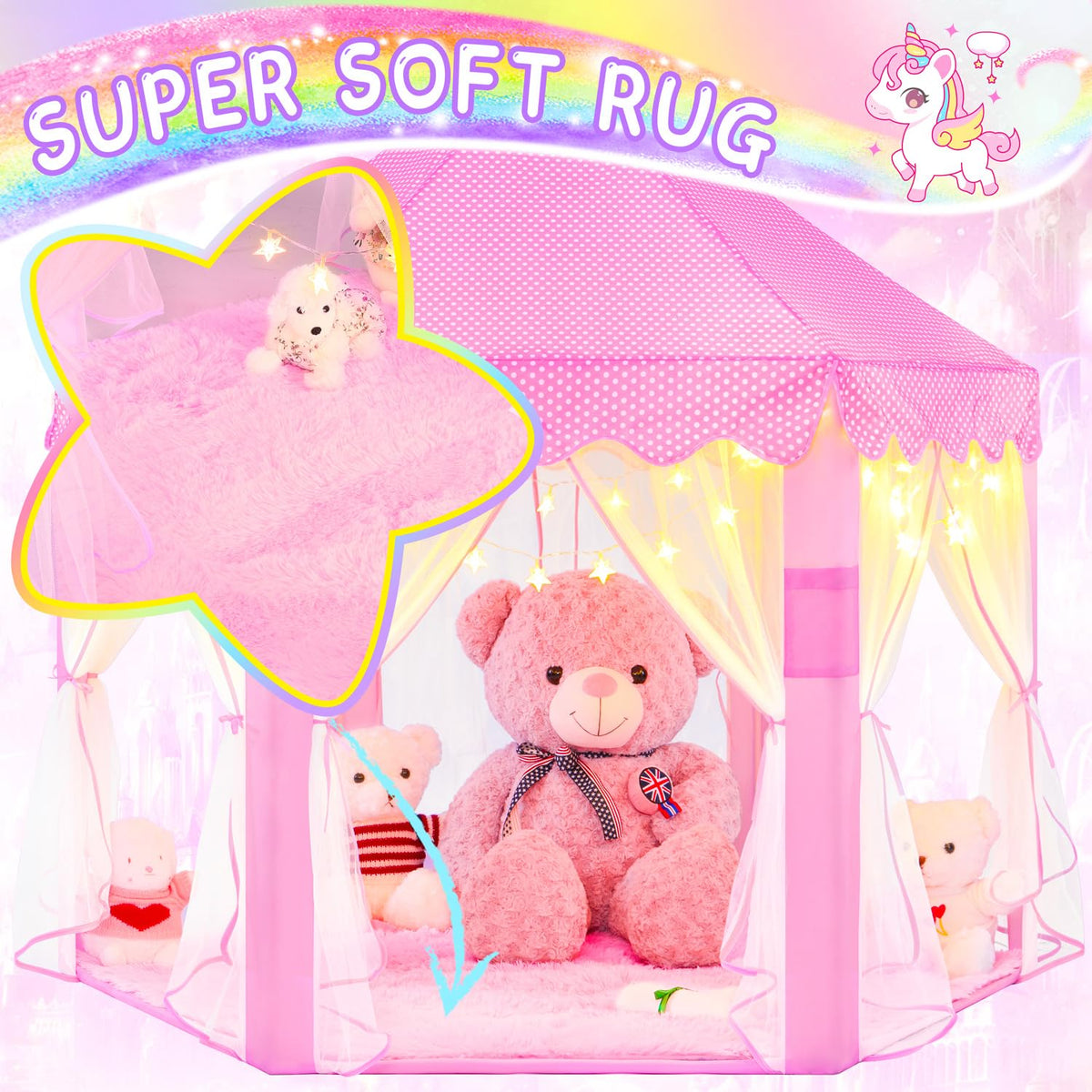 EVOIONOS Princess Tent for Girls – Castle Playhouse with LED Star Lights, 55x53 in, Pink