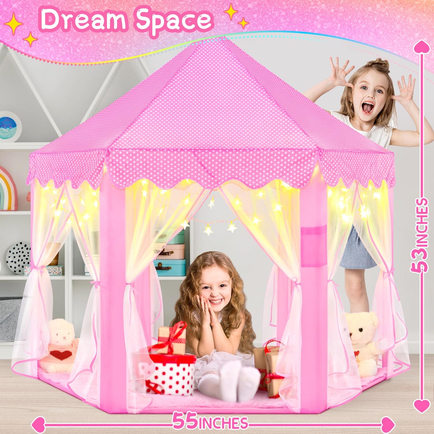 EVOIONOS Princess Tent for Girls – Castle Playhouse with LED Star Lights, 55x53 in, Pink