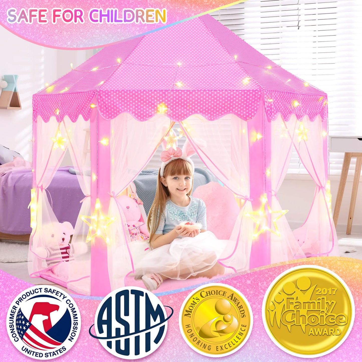 EVOIONOS Princess Tent for Girls — Castle Play Tent with Star Lights, 55 x 53 in | Indoor Kids Playhouse