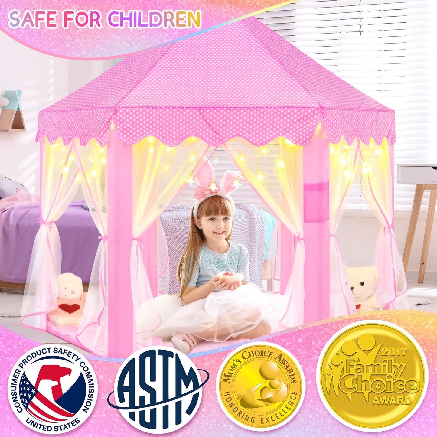 EVOIONOS Princess Tent for Girls – Castle Playhouse with LED Star Lights, 55x53 in, Pink