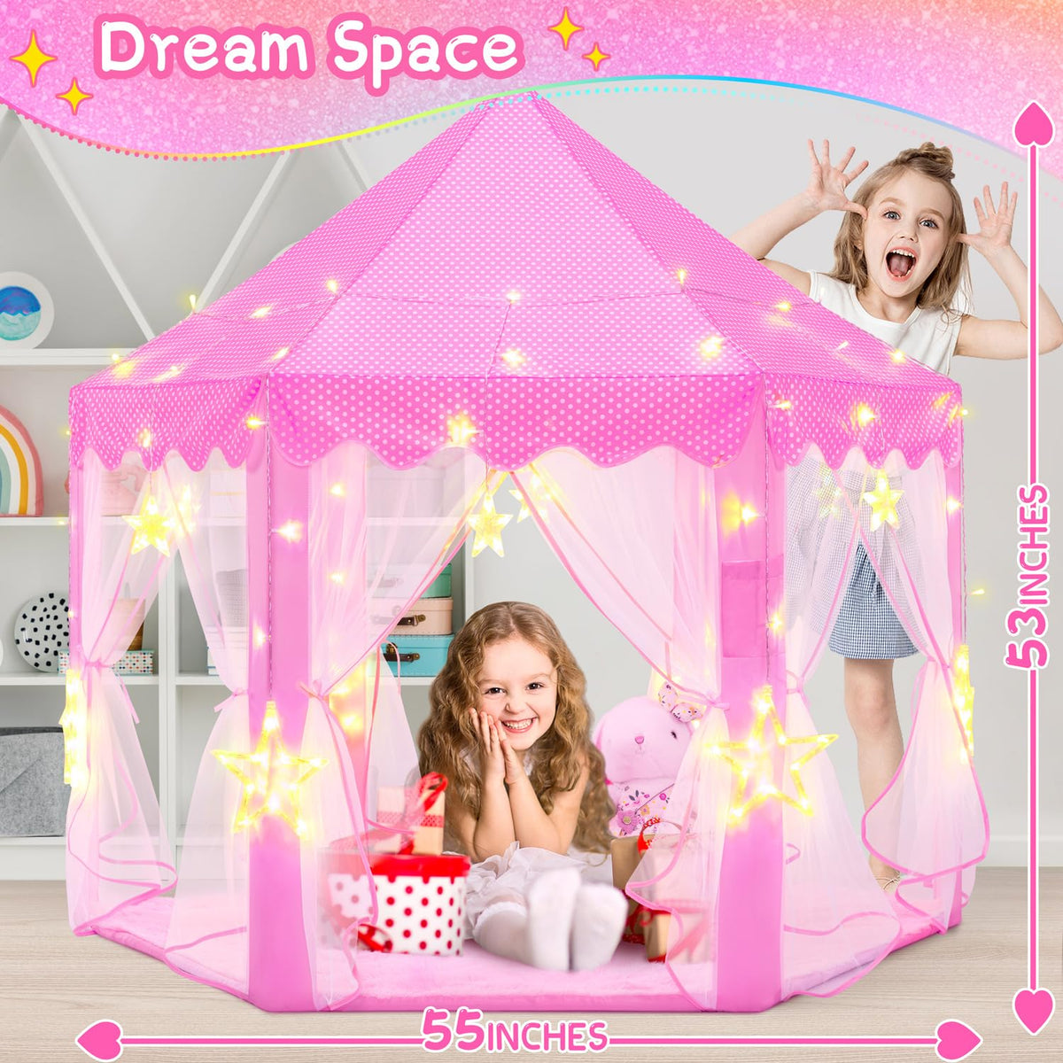 EVOIONOS Princess Tent for Girls — Castle Play Tent with Star Lights, 55 x 53 in | Indoor Kids Playhouse