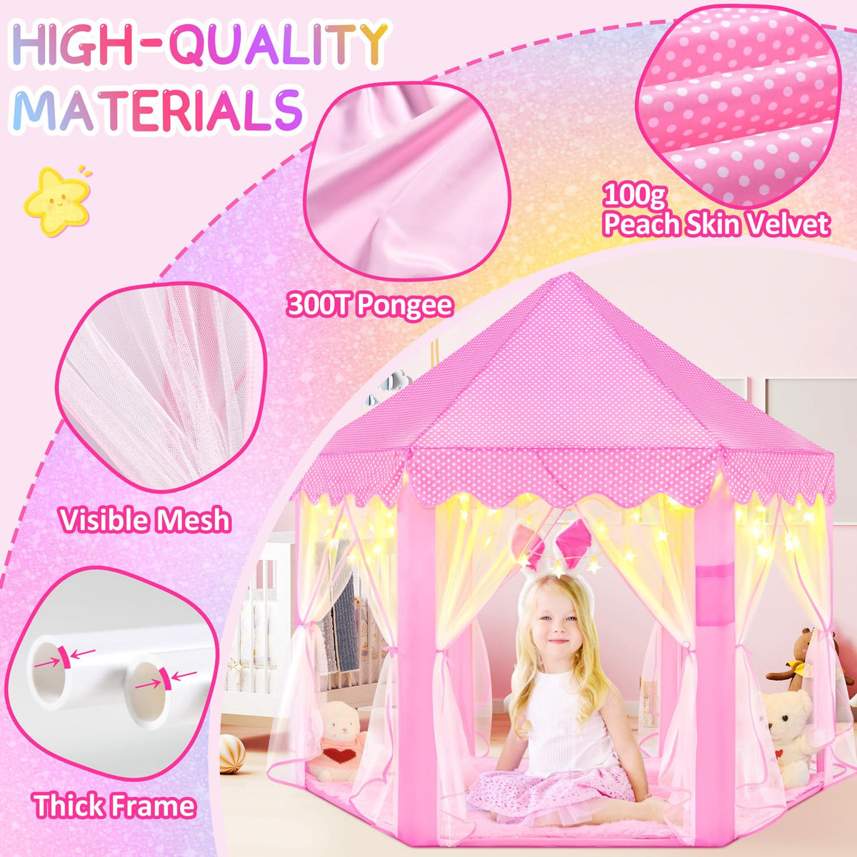 EVOIONOS Princess Tent for Girls – Castle Playhouse with LED Star Lights, 55x53 in, Pink