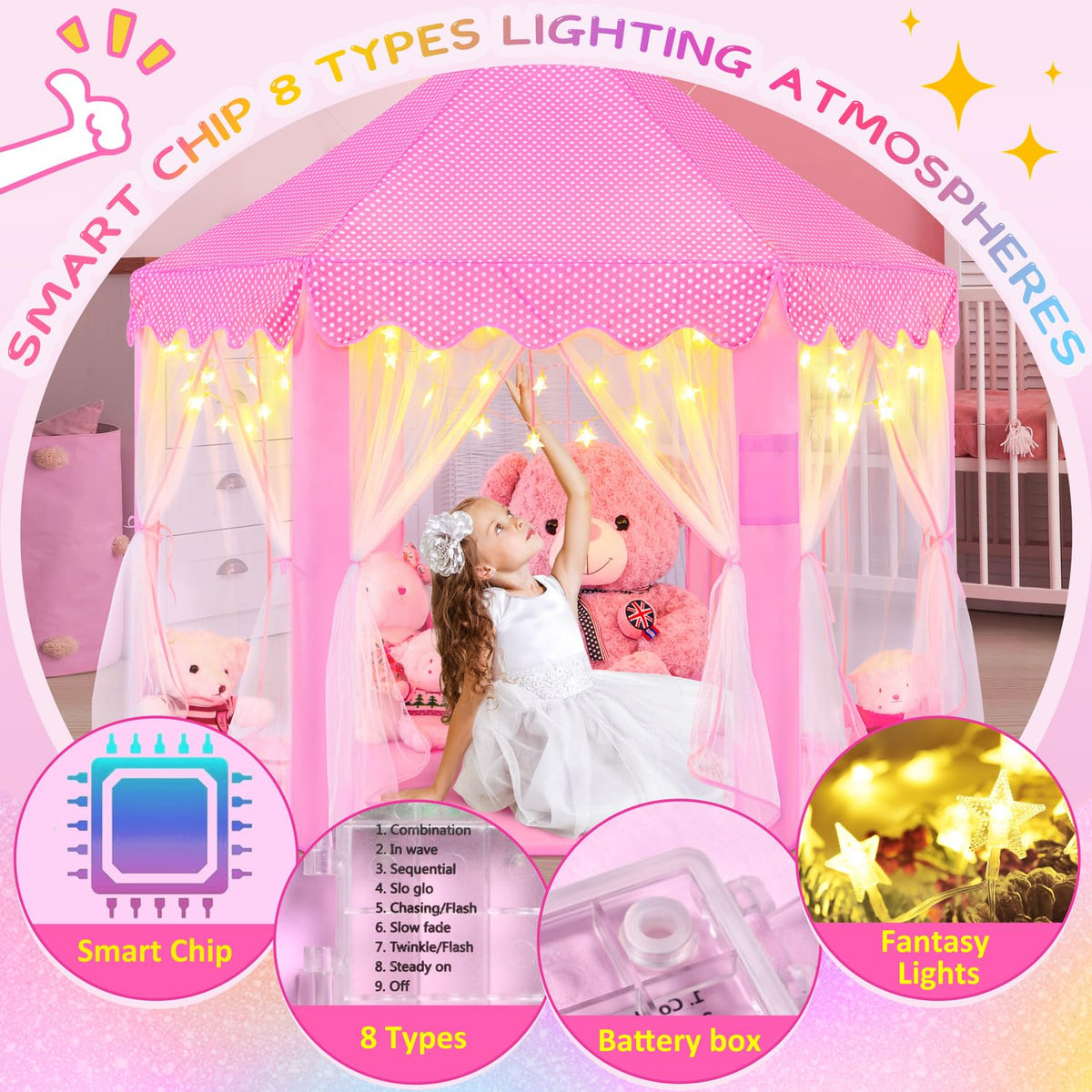 EVOIONOS Princess Tent for Girls – Castle Playhouse with LED Star Lights, 55x53 in, Pink