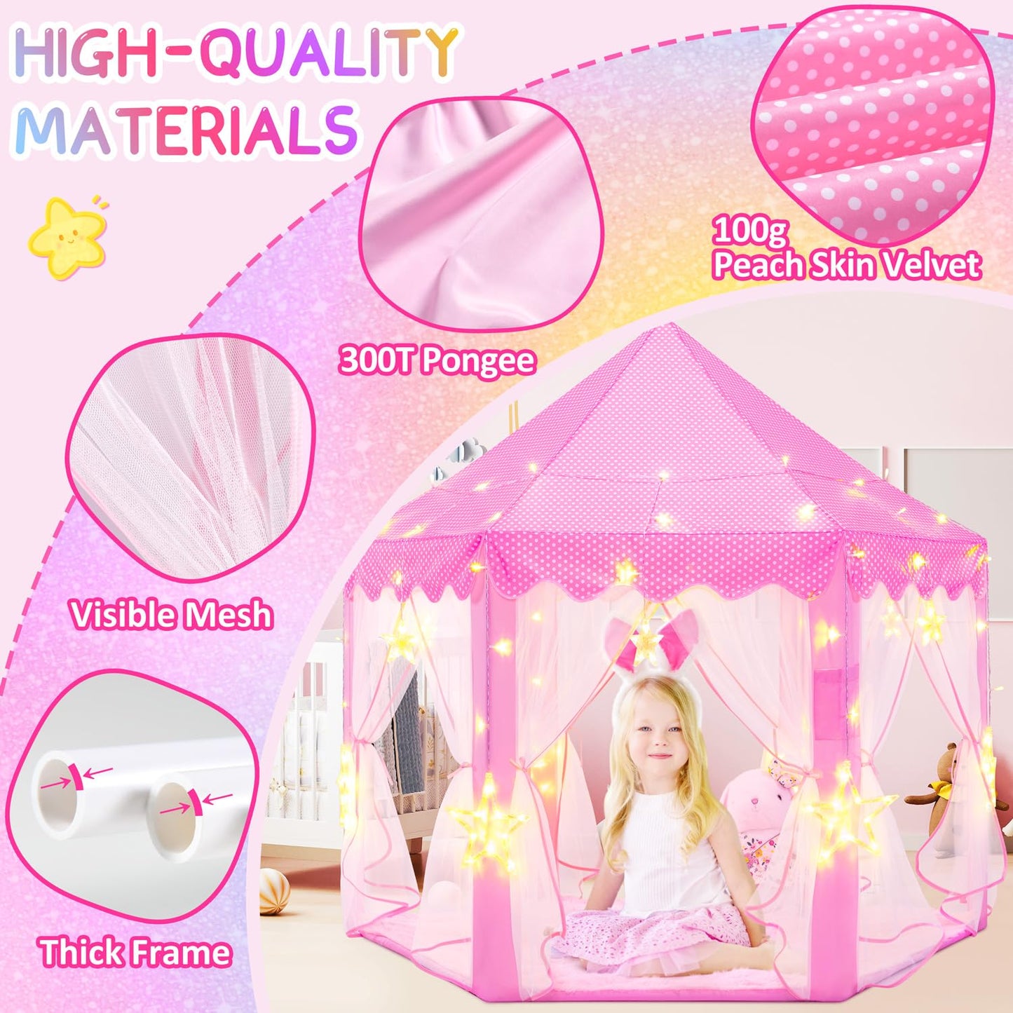 EVOIONOS Princess Tent for Girls — Castle Play Tent with Star Lights, 55 x 53 in | Indoor Kids Playhouse