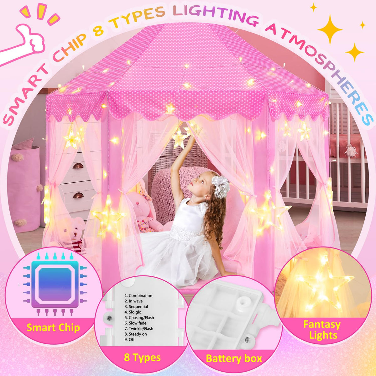 EVOIONOS Princess Tent for Girls — Castle Play Tent with Star Lights, 55 x 53 in | Indoor Kids Playhouse