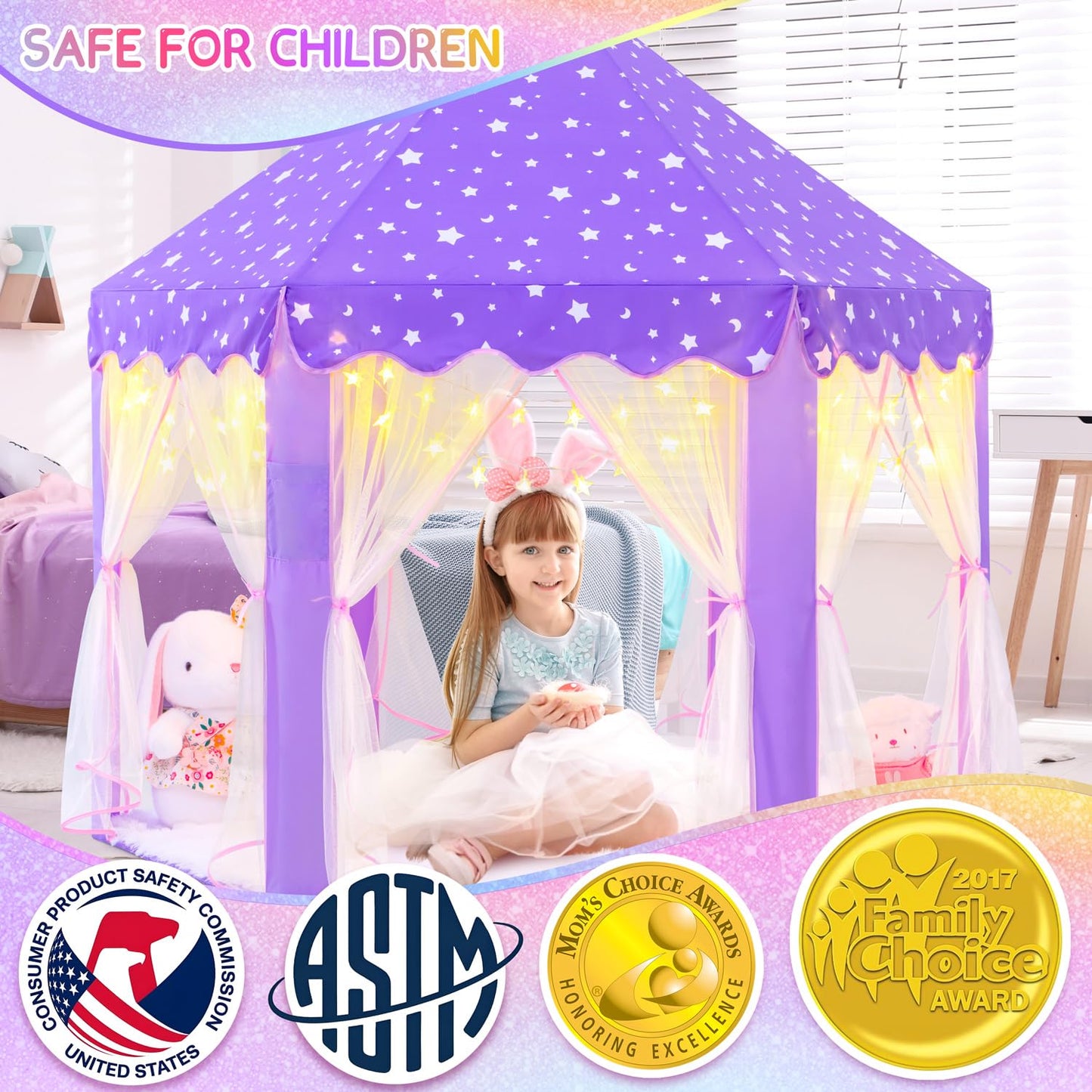 EVOIONOS Purple Princess Tent for Girls | Indoor Castle Play Tent with Star Lights
