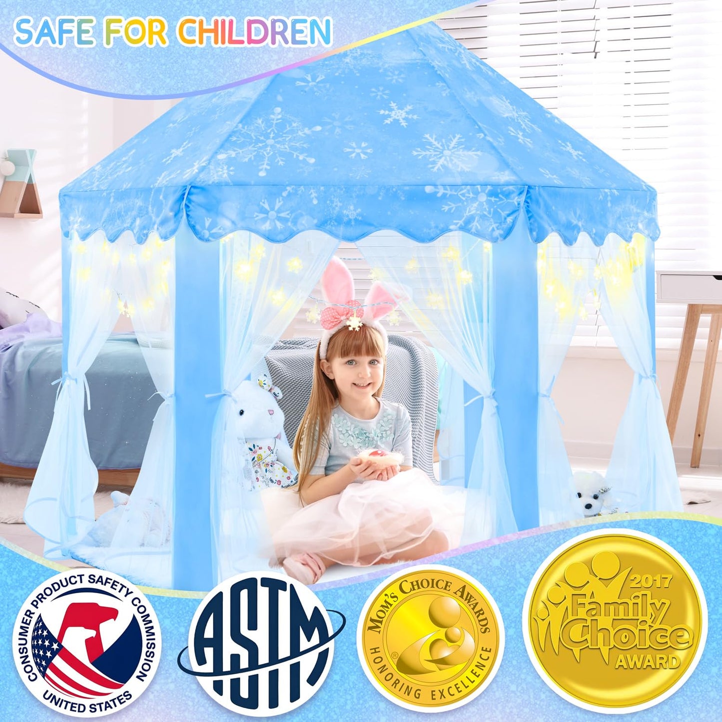 EVOIONOS Frozen Princess Tent for Girls – 55 x 53 in Castle Playhouse with Snowflake Lights