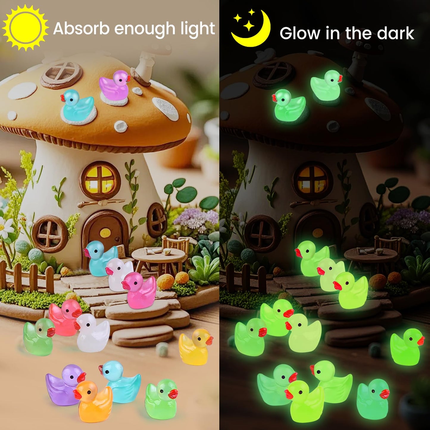 Ewadoo 60 Pack Luminous Mini Resin Ducks – Glow-in-the-Dark Tiny Ducks with Container