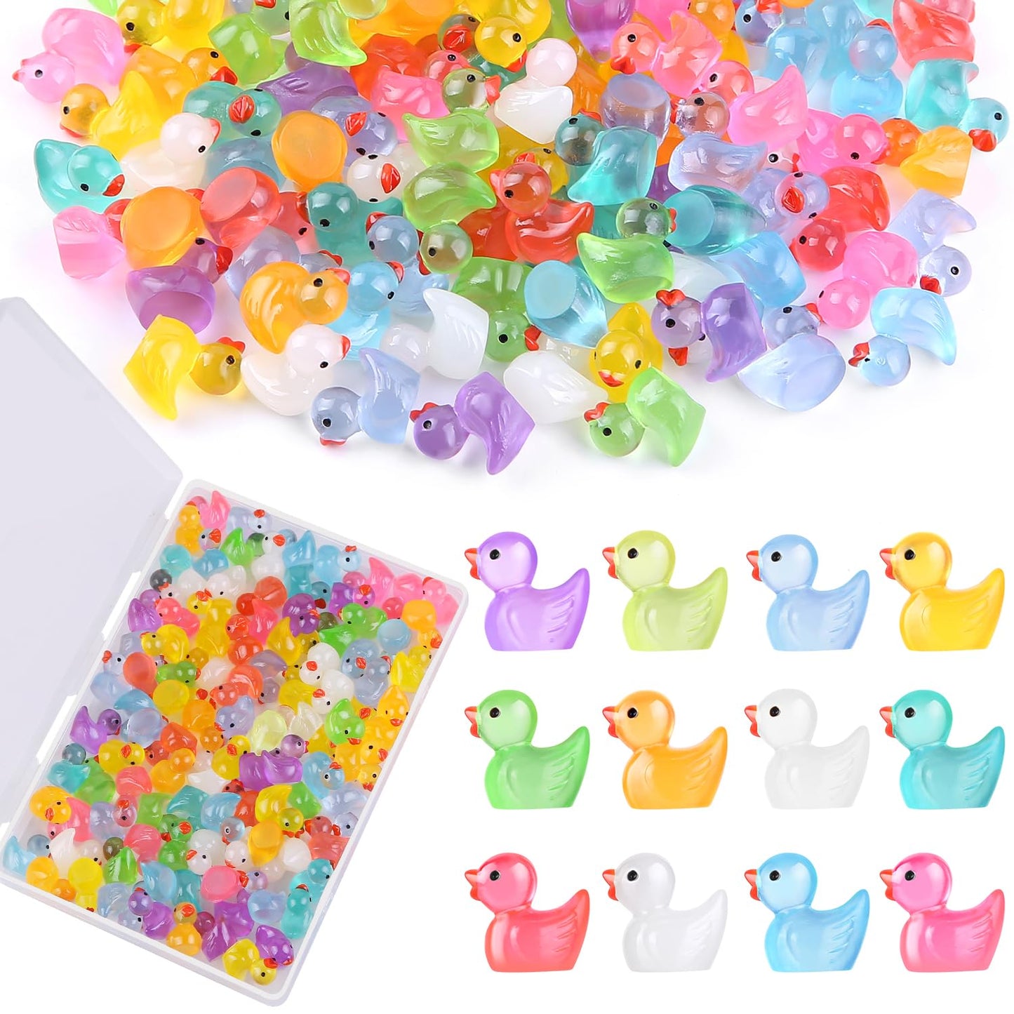 Ewadoo 60 Pack Luminous Mini Resin Ducks – Glow-in-the-Dark Tiny Ducks with Container