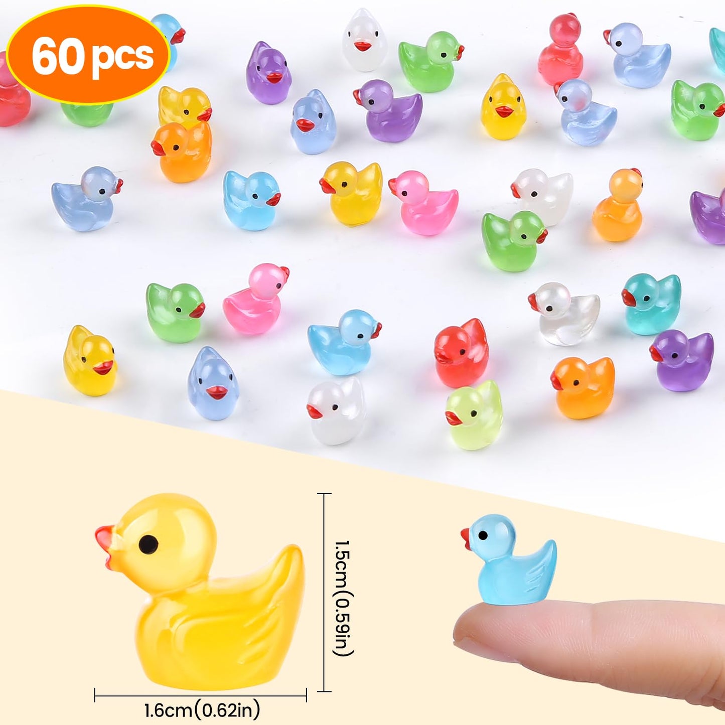 Ewadoo 60 Pack Luminous Mini Resin Ducks – Glow-in-the-Dark Tiny Ducks with Container