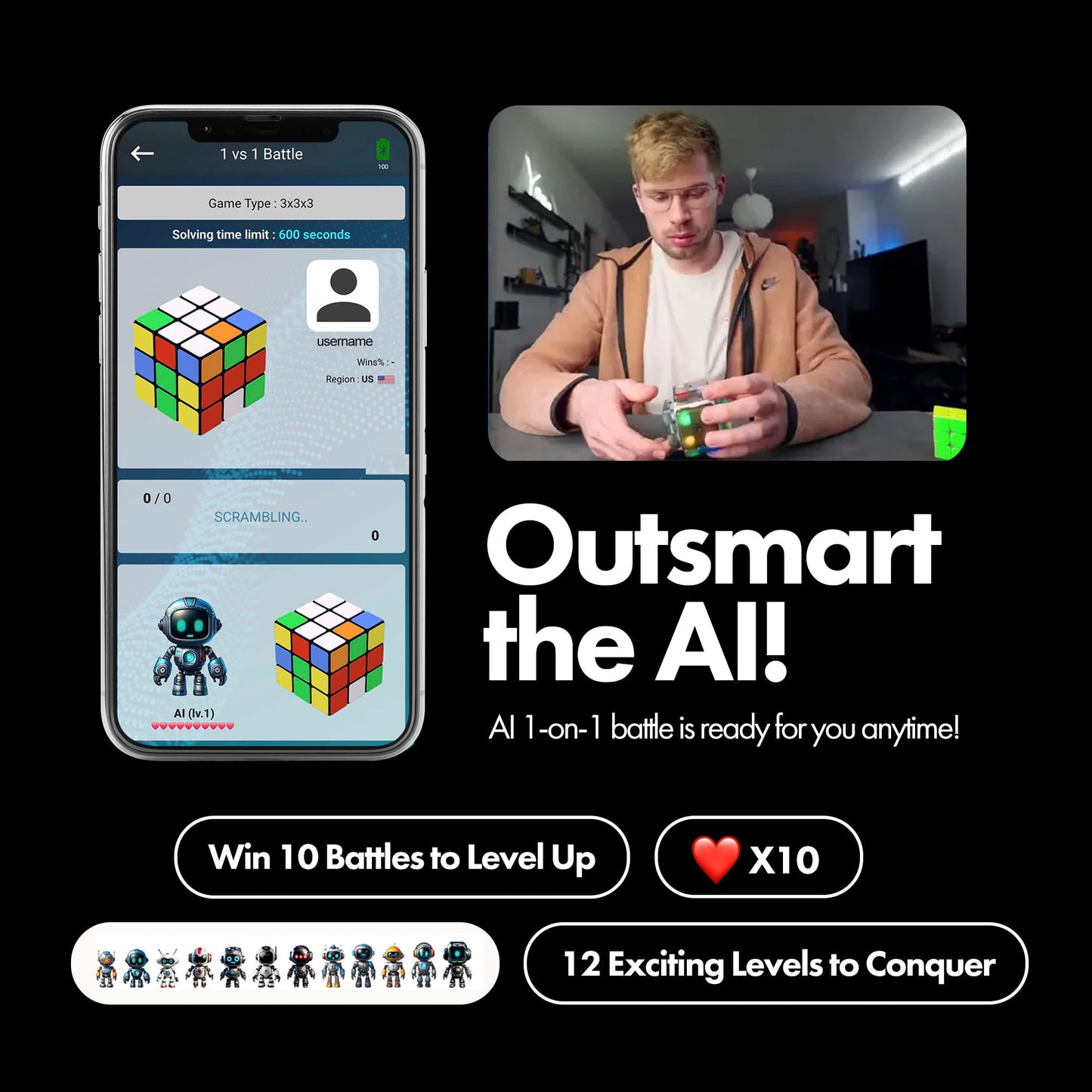 eX-Mars Connect AI Robot Cube - Self-Scrambling STEM Puzzle, 10 Types, Music
