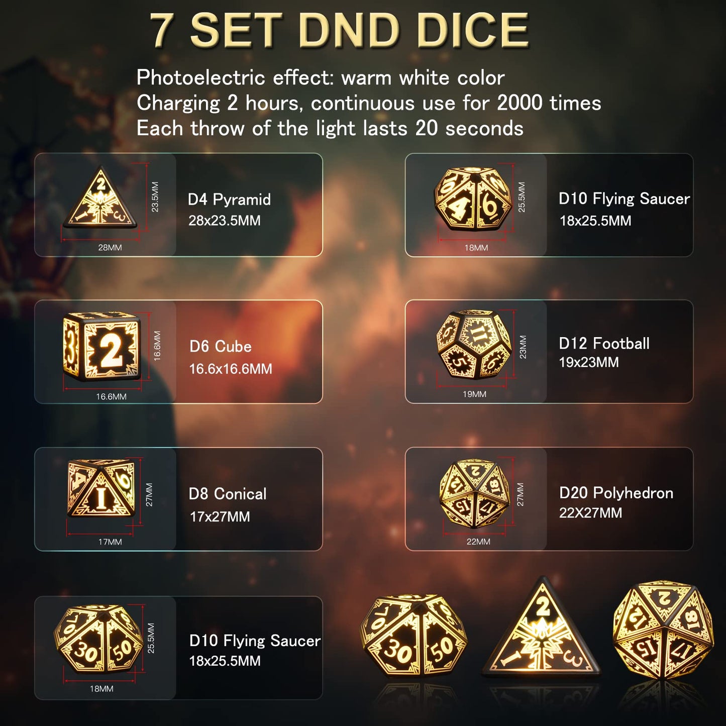 EXCECAR Rechargeable DND Dice Set – 7 LED Light-Up Polyhedral Dice for RPG
