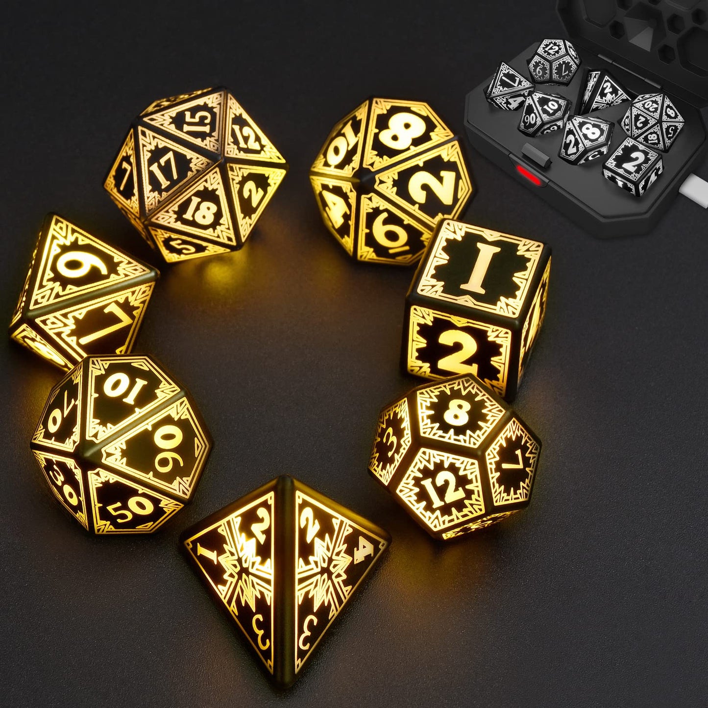 EXCECAR Rechargeable DND Dice Set – 7 LED Light-Up Polyhedral Dice for RPG
