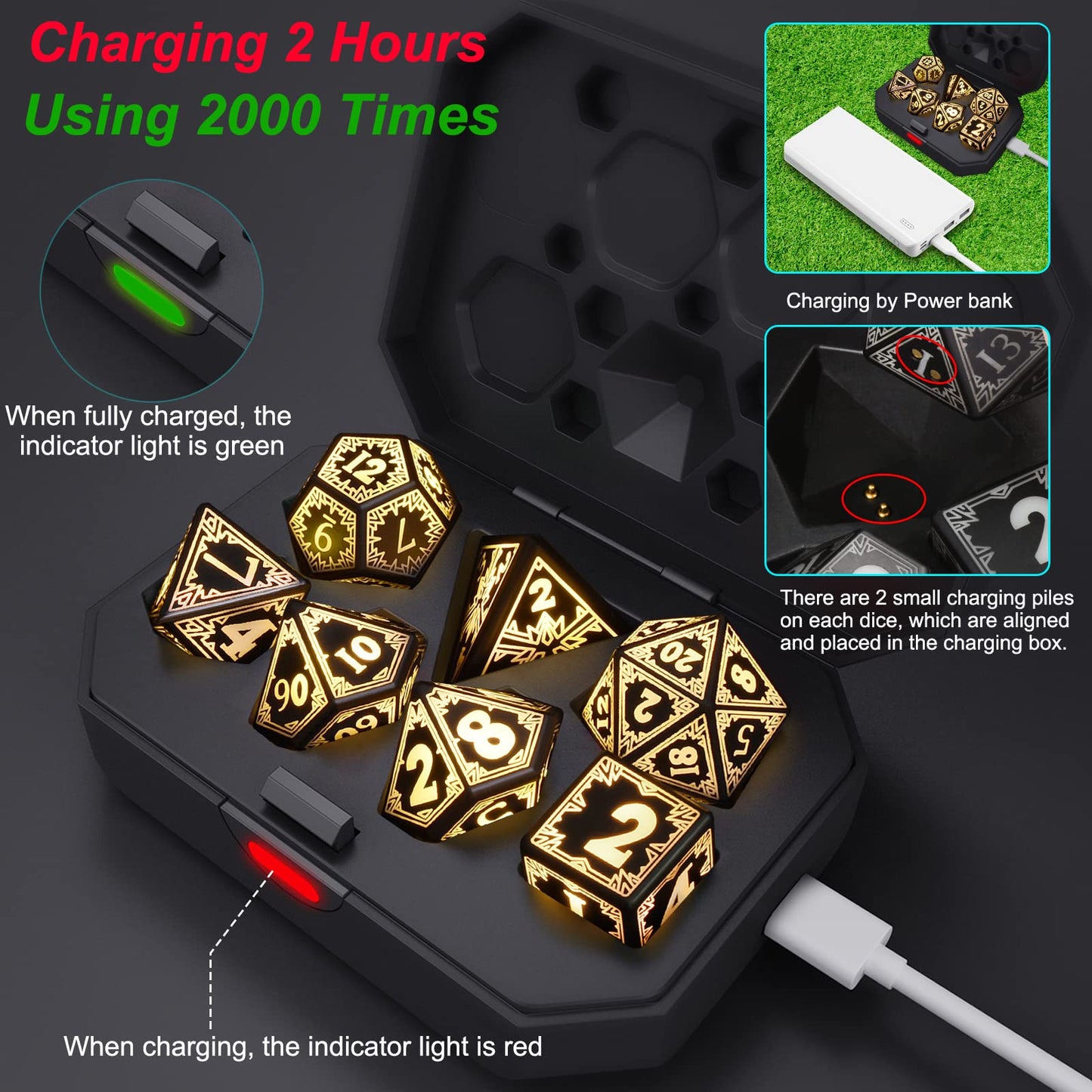 EXCECAR Rechargeable DND Dice Set – 7 LED Light-Up Polyhedral Dice for RPG