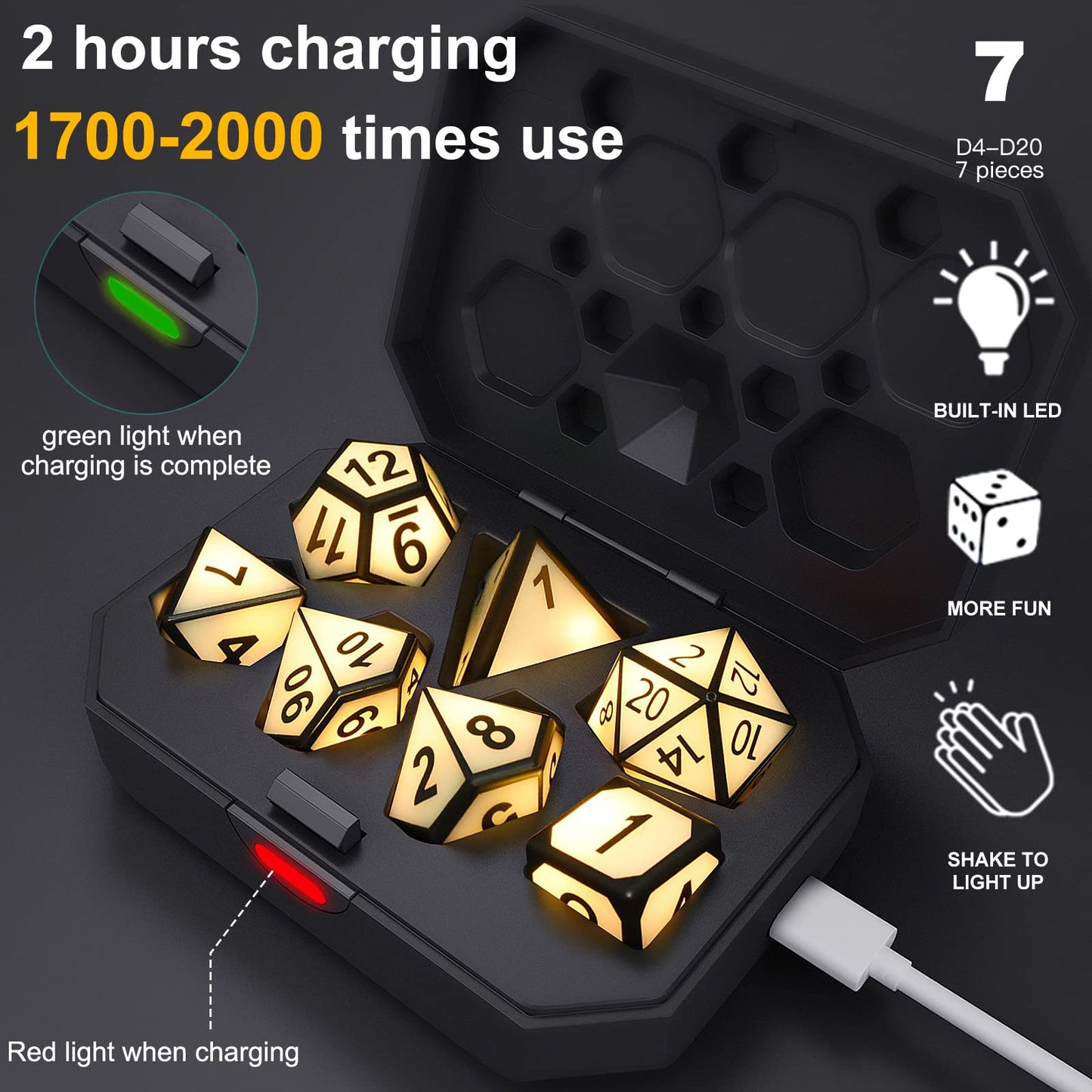 EXCECAR Rechargeable DND Dice Set – 7 LED Glow Polyhedral Dice for RPGs