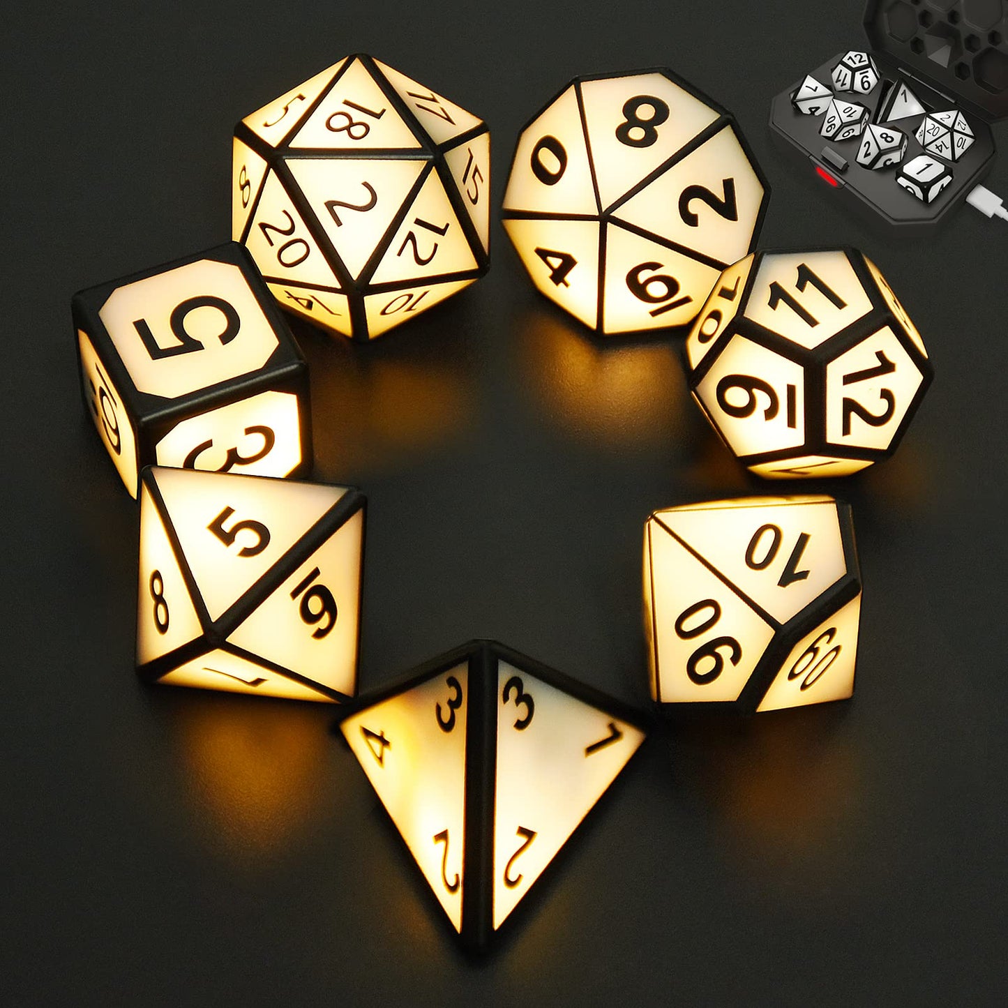 EXCECAR Rechargeable DND Dice Set – 7 LED Glow Polyhedral Dice for RPGs