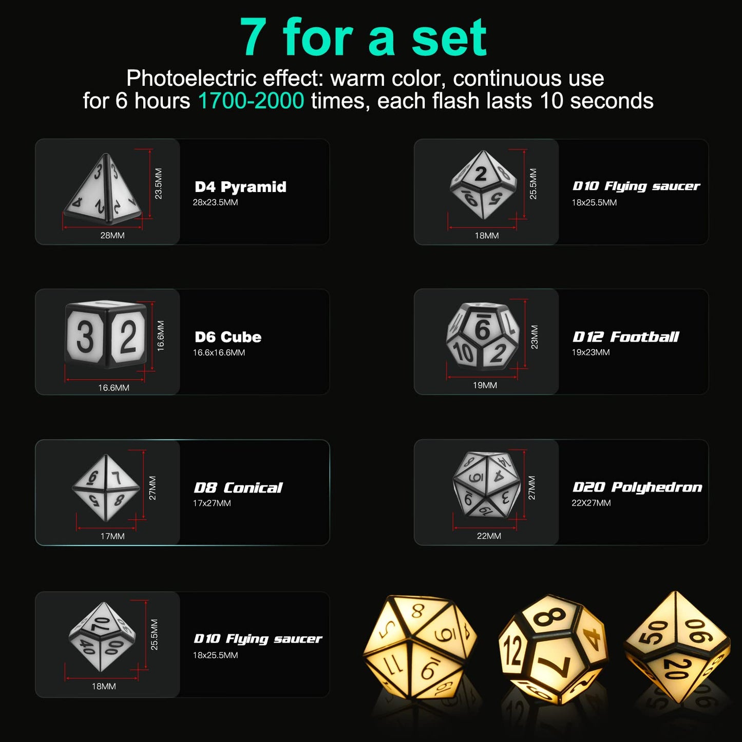 EXCECAR Rechargeable DND Dice Set – 7 LED Glow Polyhedral Dice for RPGs