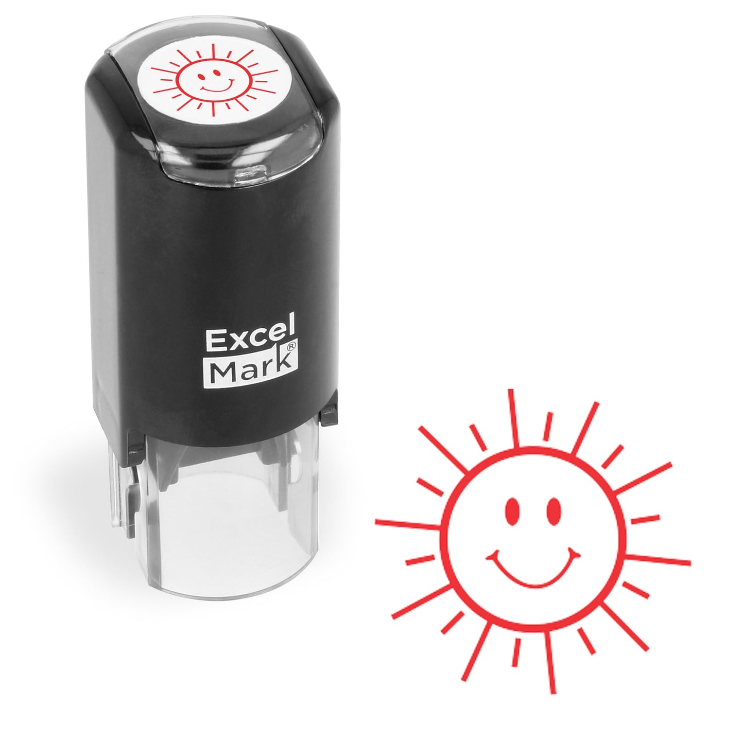 ExcelMark Happy Sun Round Self-Inking Teacher Stamp – Red Ink