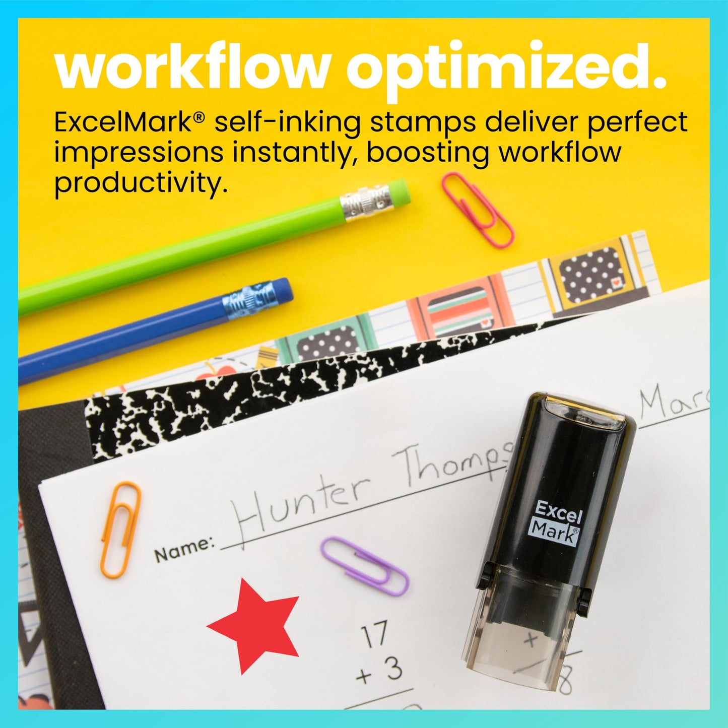 ExcelMark Round Teacher Stamp – Solid Star in Red Ink