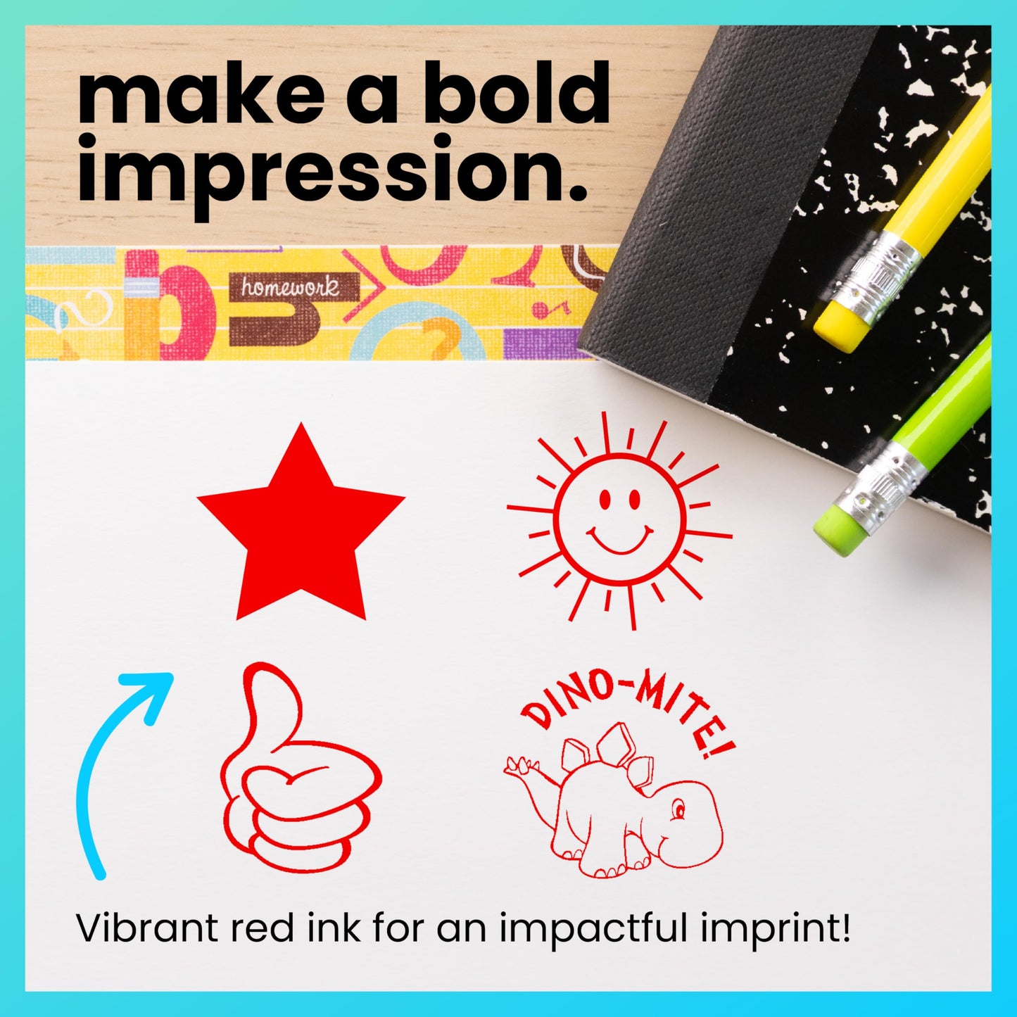 ExcelMark Round Teacher Stamp - Thumbs Up Outline - Red Ink - Self-Inking