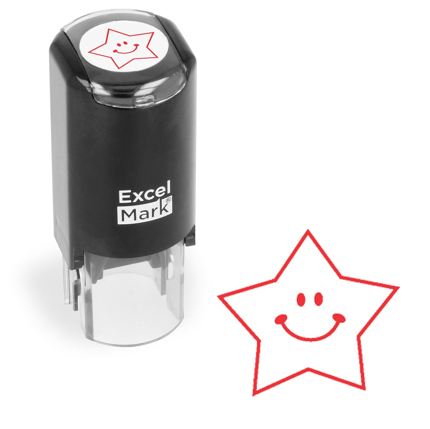 ExcelMark Round Teacher Stamp Happy Star – Red Ink | Self-Inking Classroom Stamp