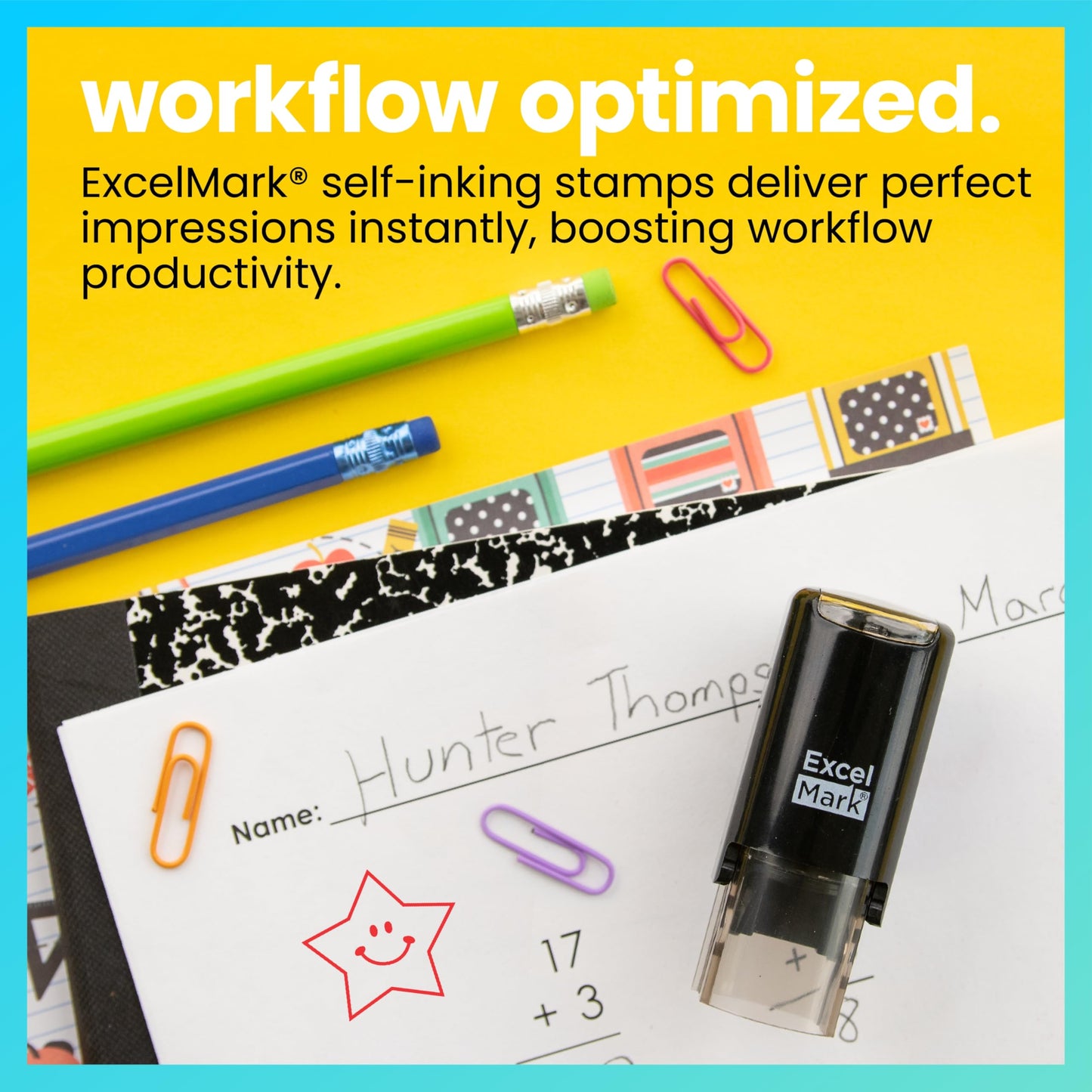 ExcelMark Round Teacher Stamp Happy Star – Red Ink | Self-Inking Classroom Stamp