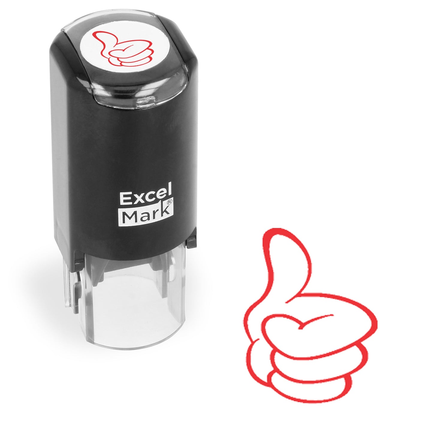 ExcelMark Round Teacher Stamp - Thumbs Up Outline - Red Ink - Self-Inking
