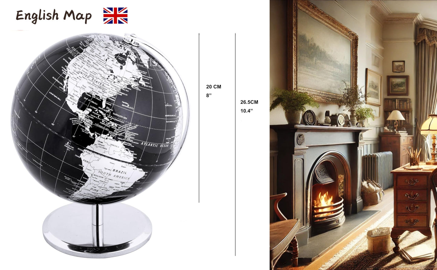 Exerz 8-Inch World Globe Metallic Black with Stainless Steel Arc Base – Educational Desk Globe