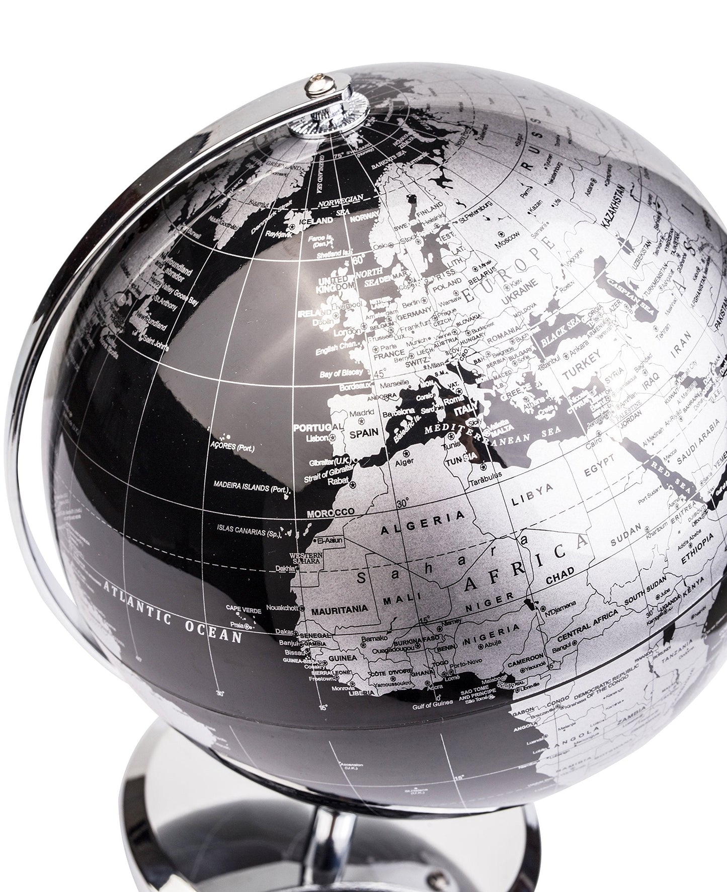 Exerz 8-Inch World Globe Metallic Black with Stainless Steel Arc Base – Educational Desk Globe