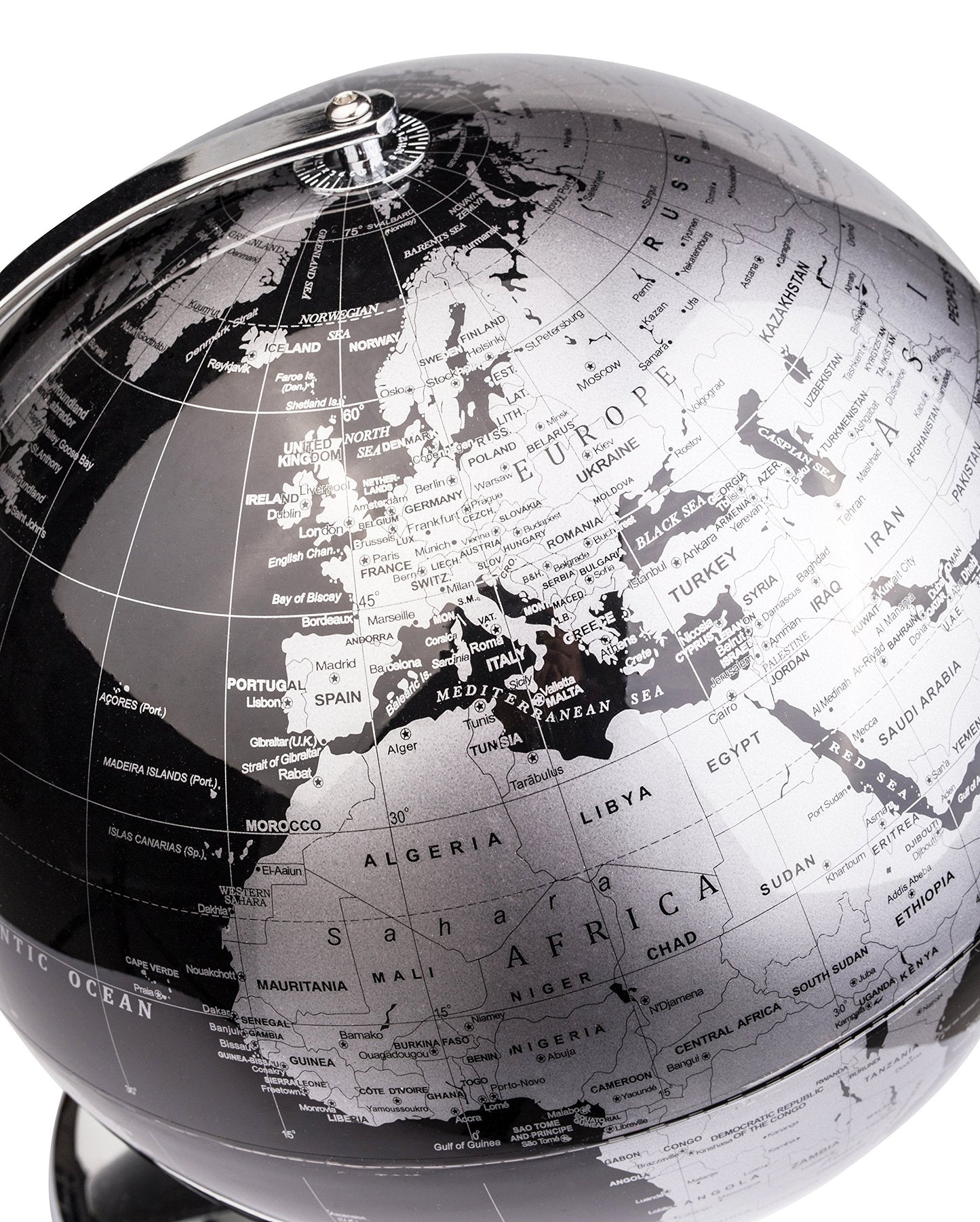 Exerz 12-Inch World Globe Black with Stainless Steel Arc & Base | Modern Desk Decor