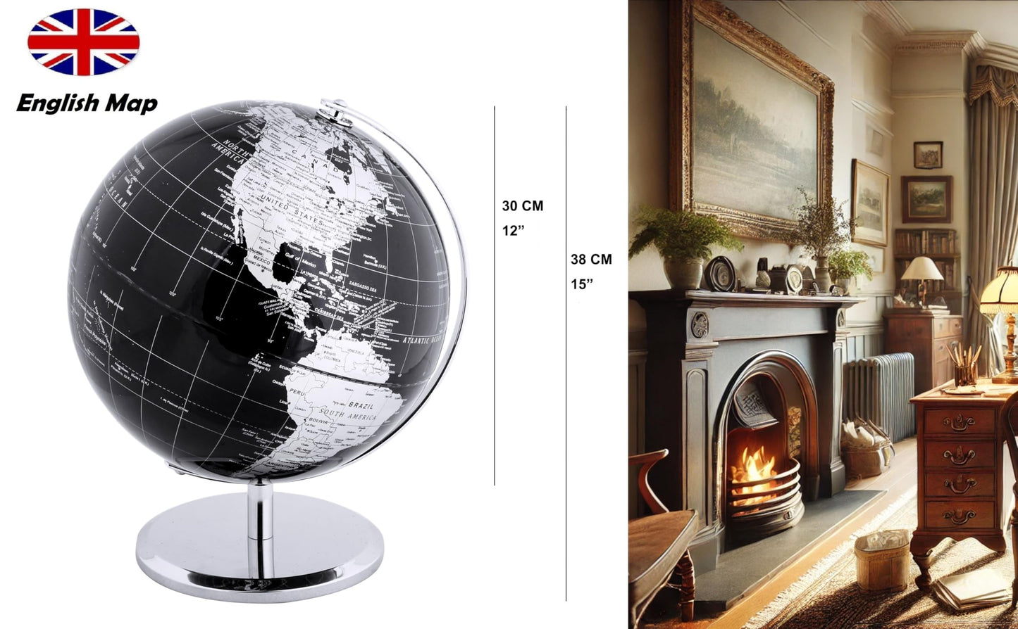 Exerz 12-Inch World Globe Black with Stainless Steel Arc & Base | Modern Desk Decor