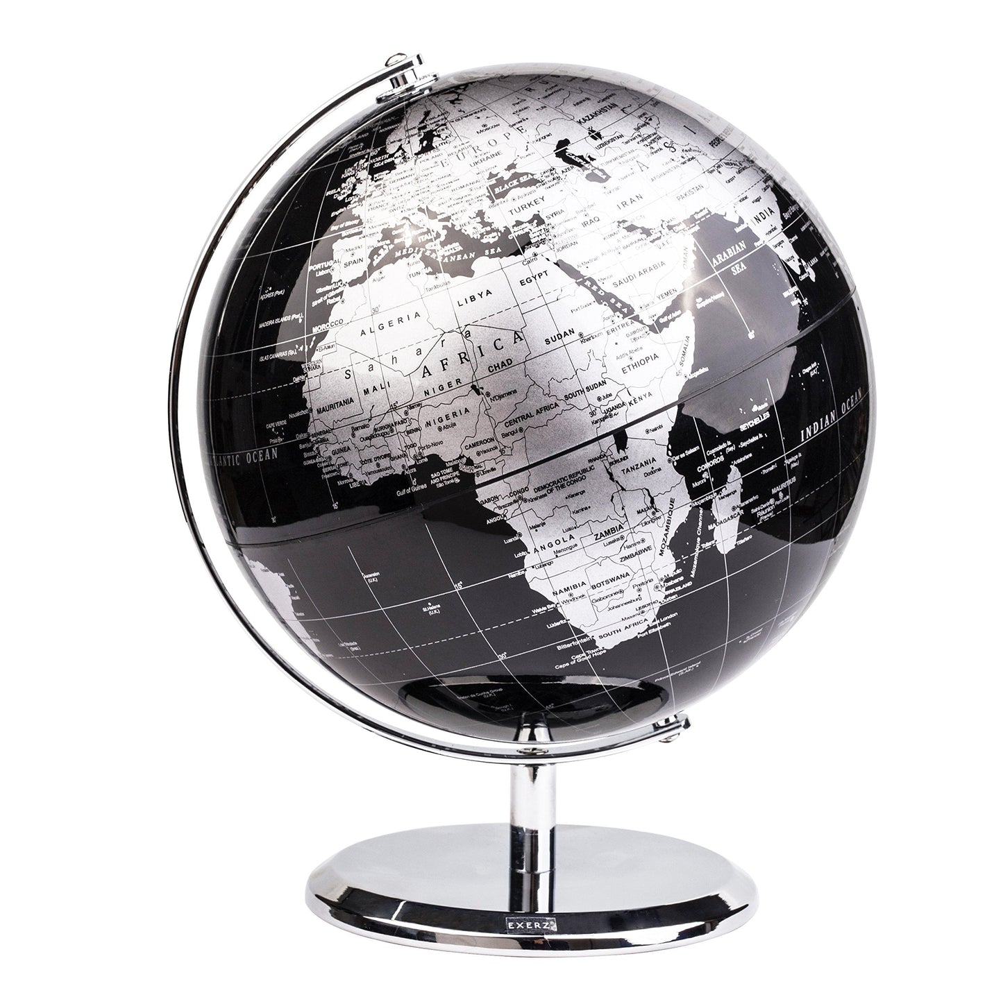 Exerz 8-Inch World Globe Metallic Black with Stainless Steel Arc Base – Educational Desk Globe