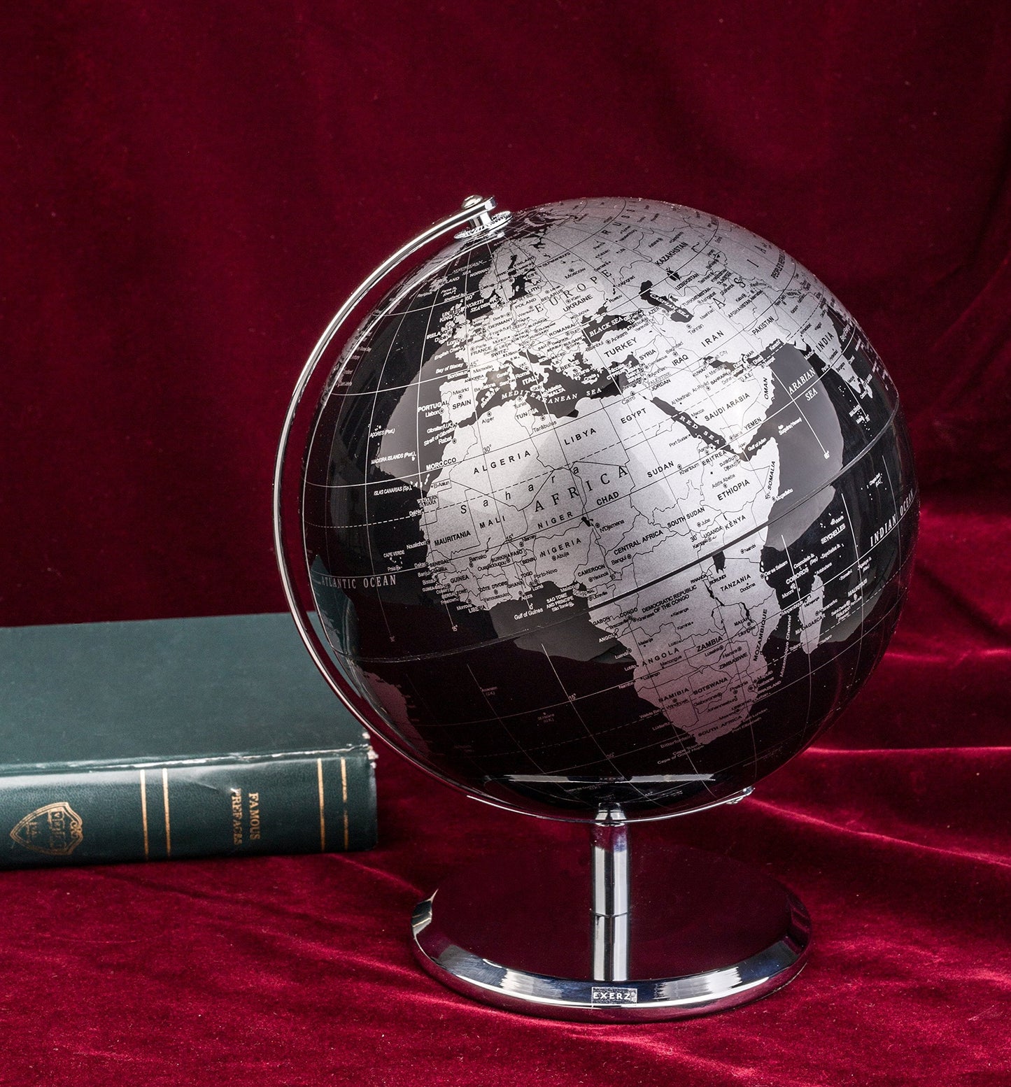 Exerz 8-Inch World Globe Metallic Black with Stainless Steel Arc Base – Educational Desk Globe