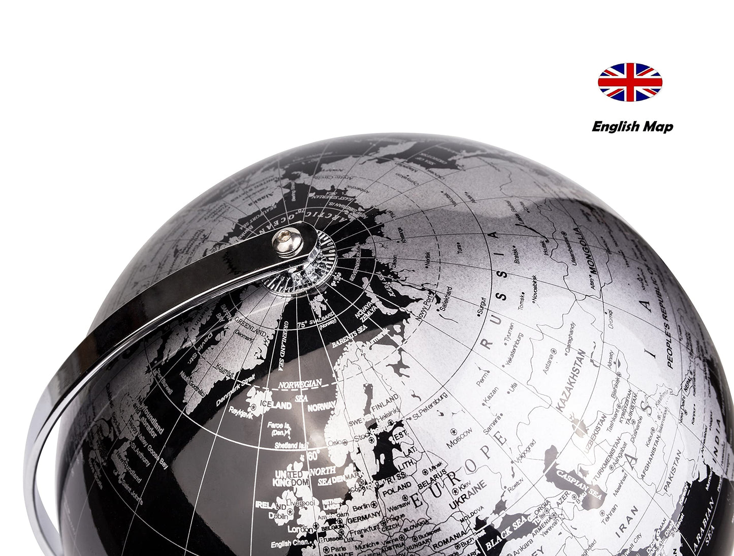 Exerz 8-Inch World Globe Metallic Black with Stainless Steel Arc Base – Educational Desk Globe