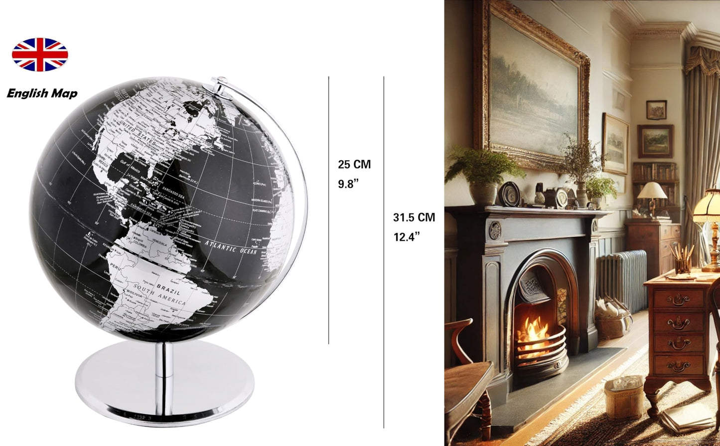 Exerz 10-Inch World Globe Black – Stainless Steel Arc & Base | Educational Desktop Globe