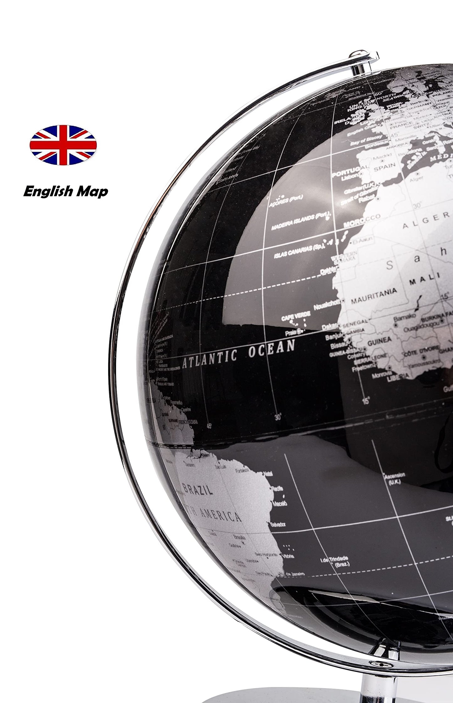 Exerz 12-Inch World Globe Black with Stainless Steel Arc & Base | Modern Desk Decor