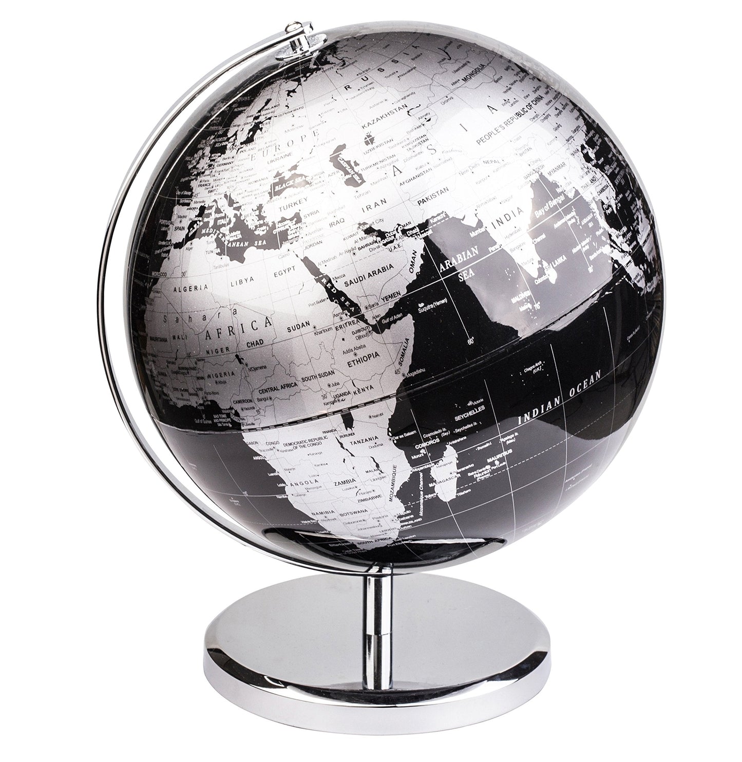 Exerz 12-Inch World Globe Black with Stainless Steel Arc & Base | Modern Desk Decor