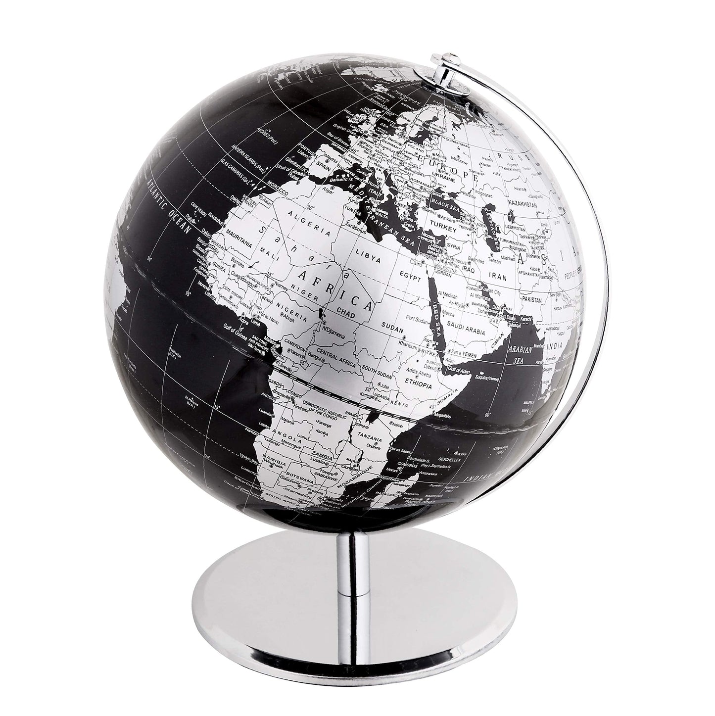 Exerz 10-Inch World Globe Black – Stainless Steel Arc & Base | Educational Desktop Globe
